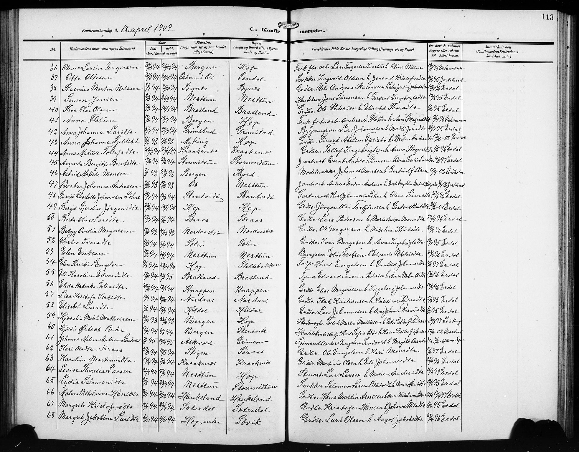 Birkeland Sokneprestembete, AV/SAB-A-74601/H/Hab: Klokkerbok nr. A 6, 1906-1915, s. 113