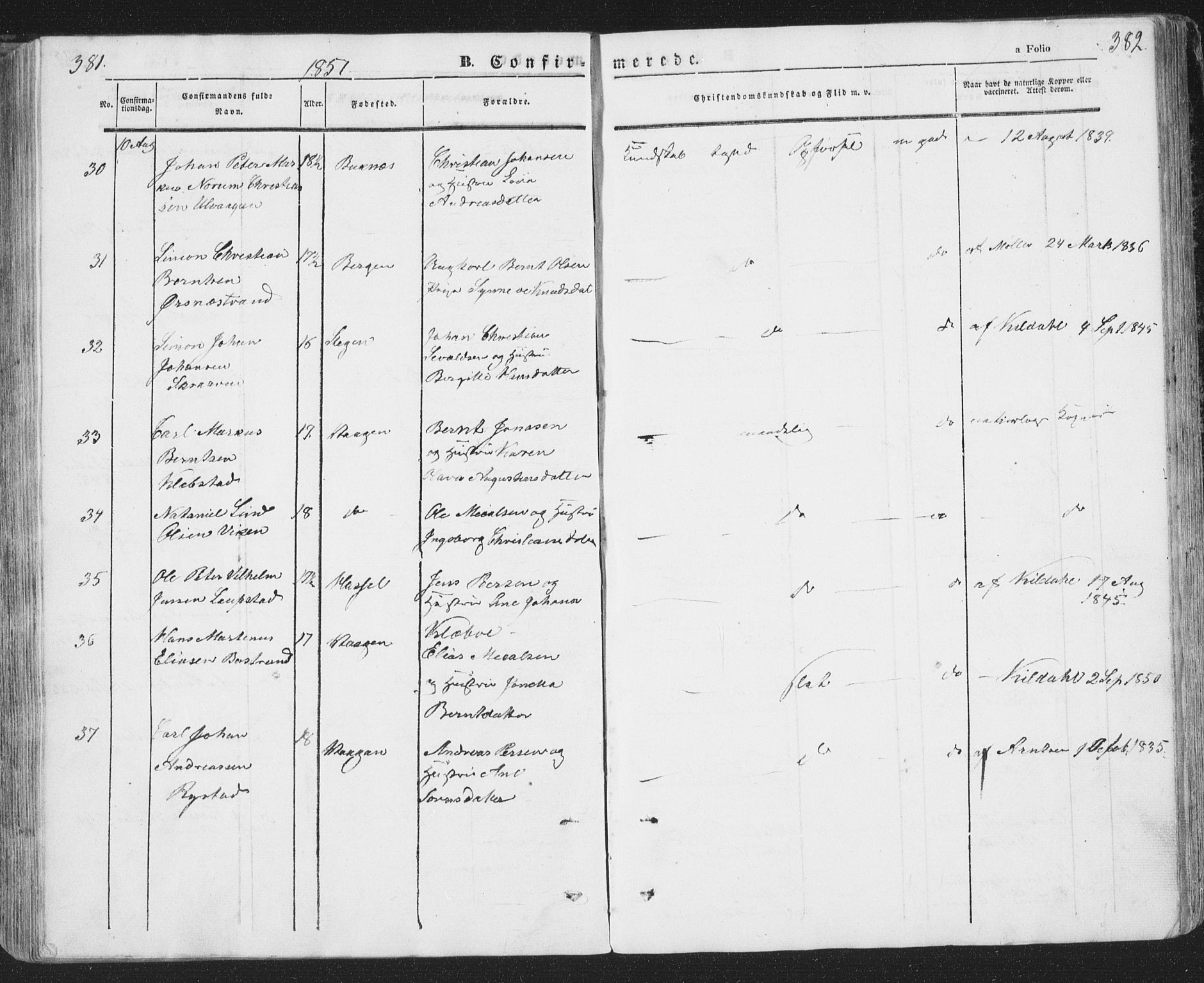 Ministerialprotokoller, klokkerbøker og fødselsregistre - Nordland, AV/SAT-A-1459/874/L1072: Klokkerbok nr. 874C01, 1843-1859, s. 381-382