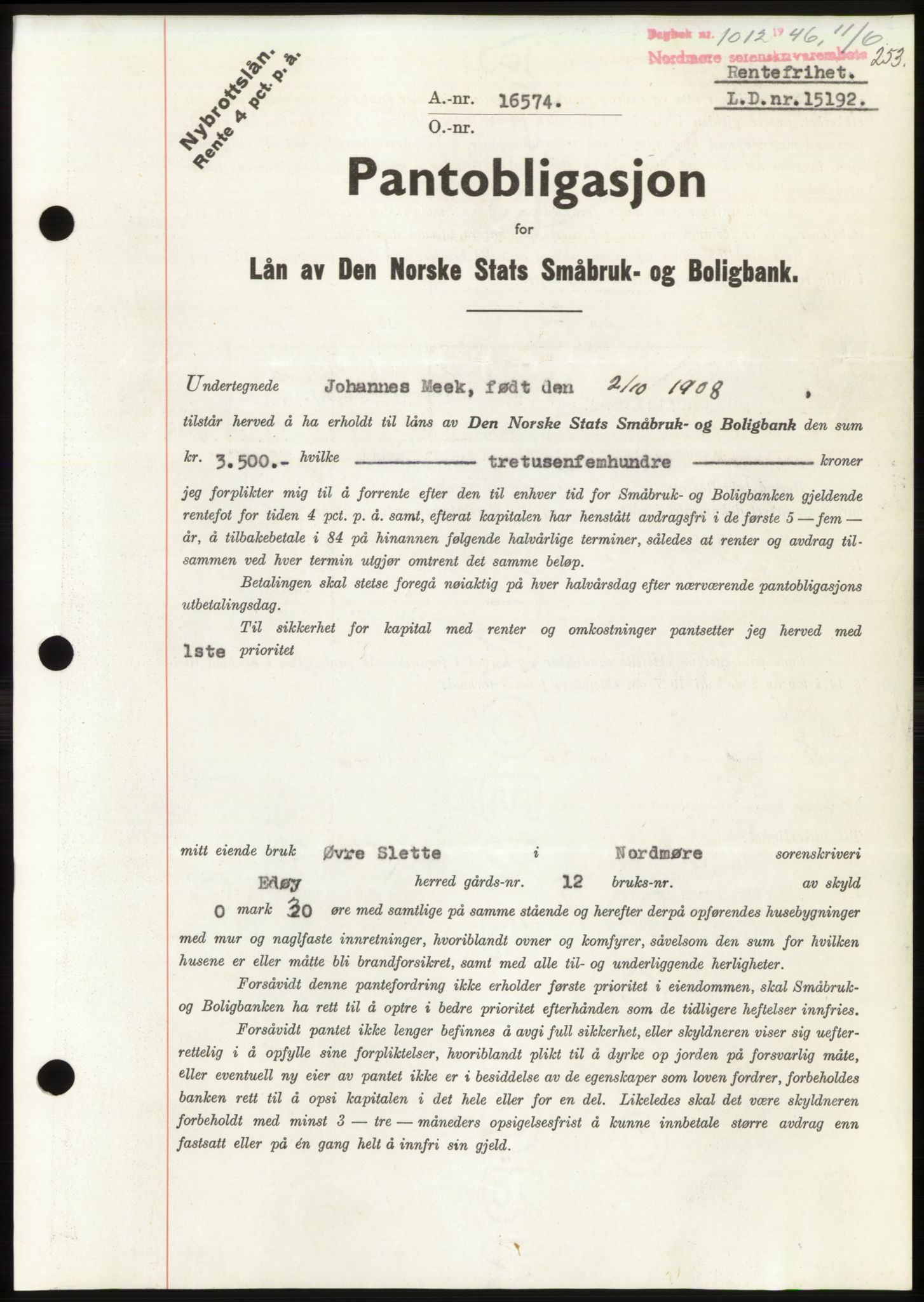 Nordmøre sorenskriveri, AV/SAT-A-4132/1/2/2Ca: Pantebok nr. B94, 1946-1946, Dagboknr: 1012/1946