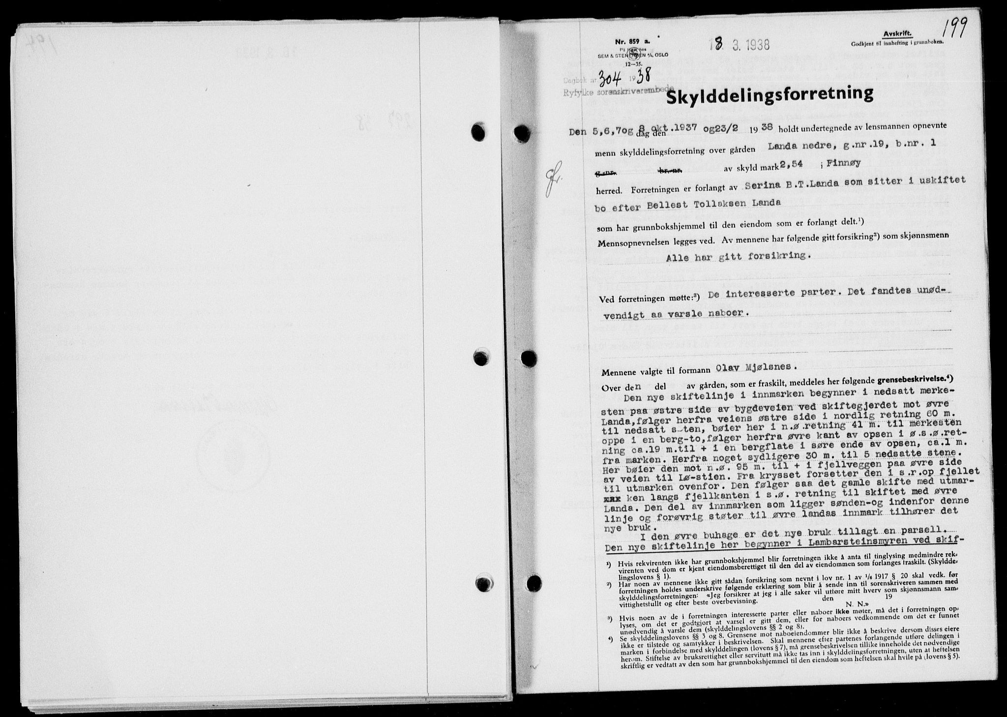 Ryfylke tingrett, SAST/A-100055/001/II/IIB/L0077: Pantebok nr. 56, 1938-1938, Dagboknr: 304/1938