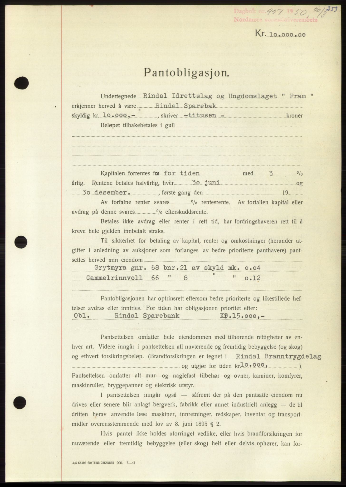 Nordmøre sorenskriveri, SAT/A-4132/1/2/2Ca: Pantebok nr. B104, 1950-1950, Dagboknr: 927/1950