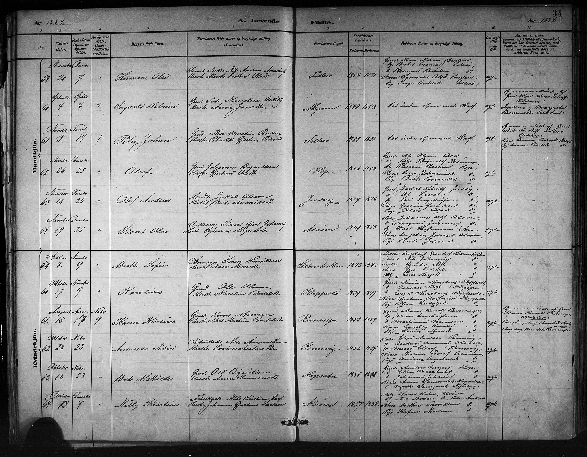 Askøy Sokneprestembete, AV/SAB-A-74101/H/Ha/Hab/Haba/L0008: Klokkerbok nr. A 8, 1882-1893, s. 34