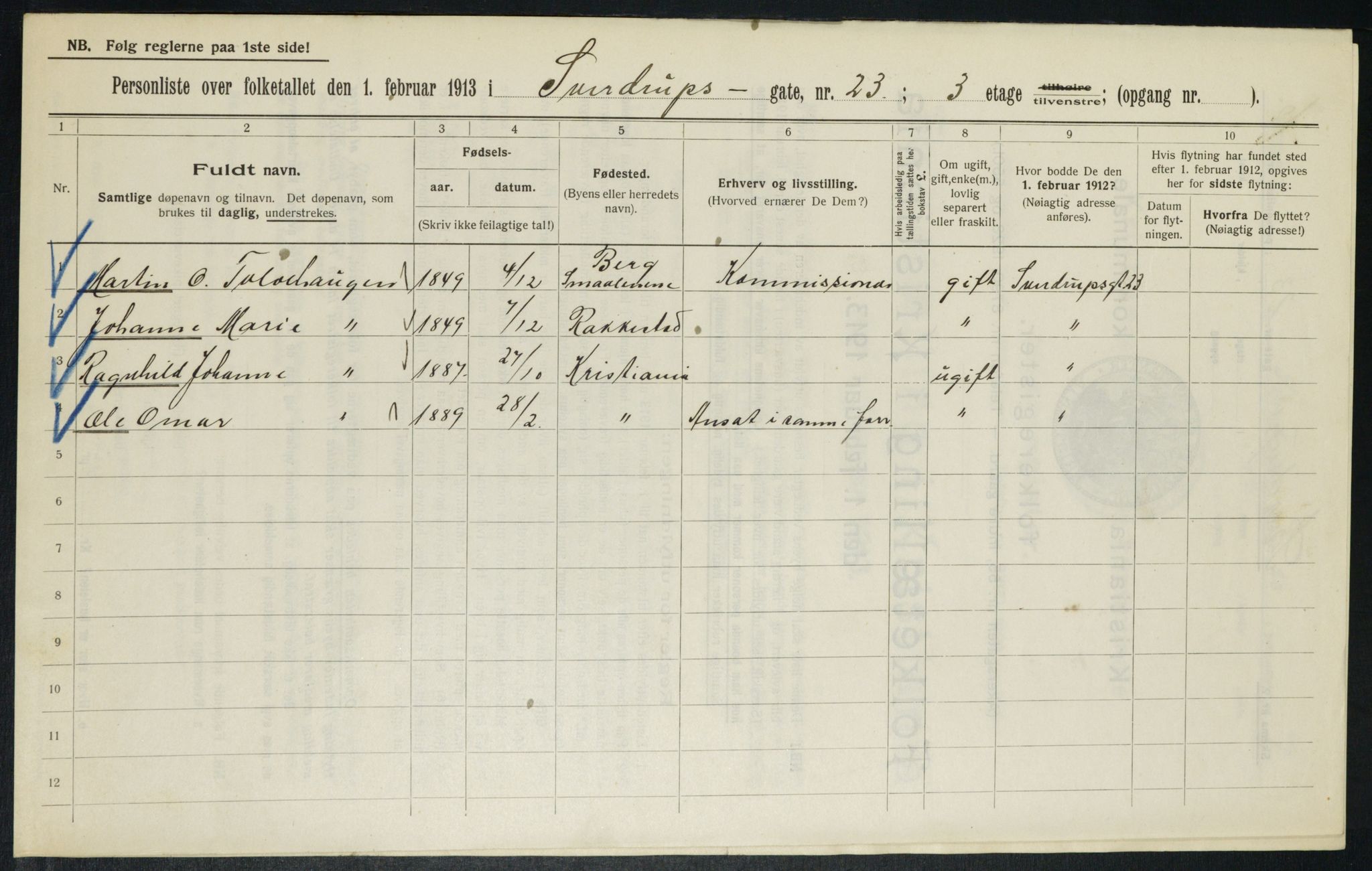 OBA, Kommunal folketelling 1.2.1913 for Kristiania, 1913, s. 105803