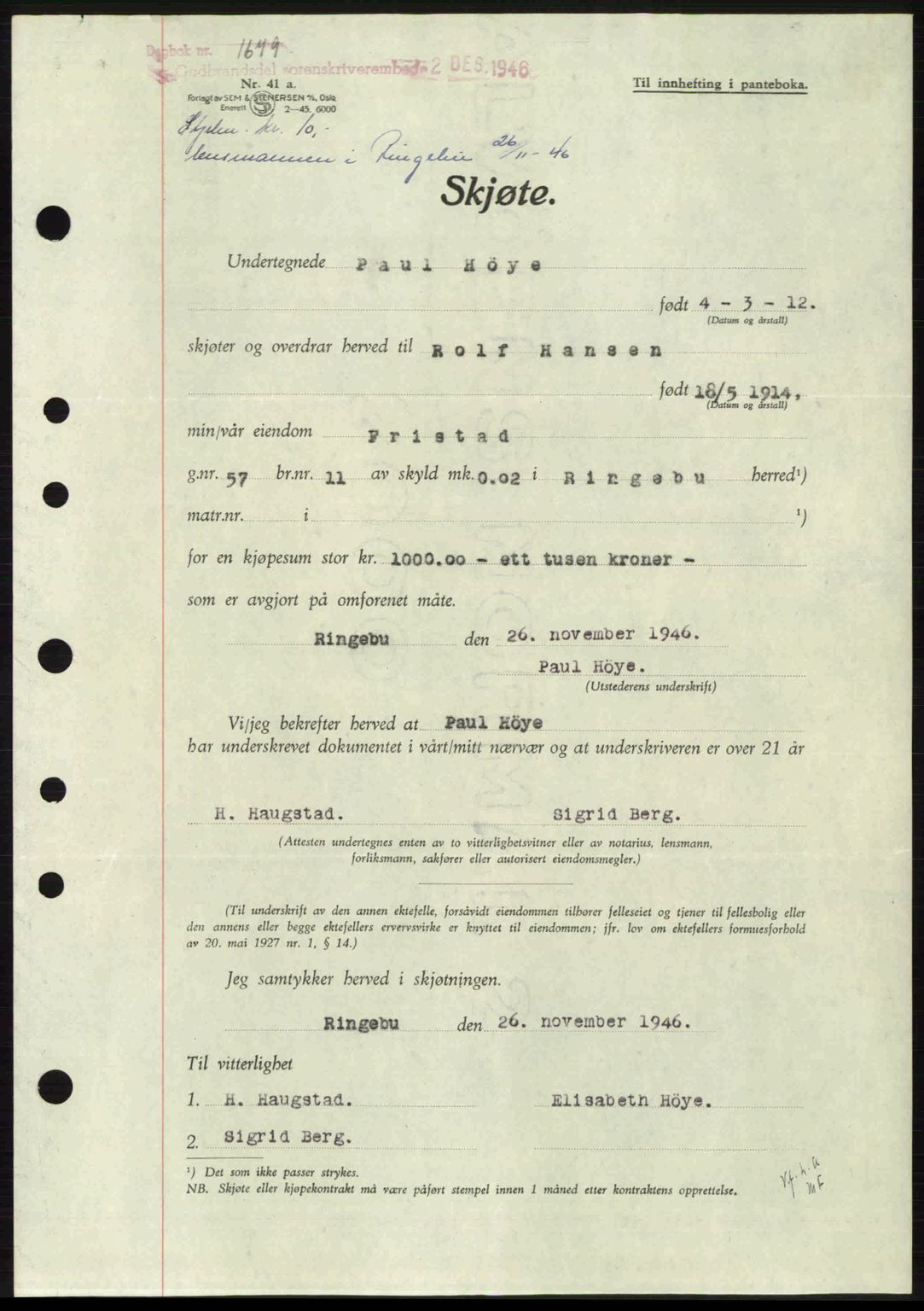 Sør-Gudbrandsdal tingrett, SAH/TING-004/H/Hb/Hbd/L0017: Pantebok nr. A17, 1946-1947, Dagboknr: 1679/1946