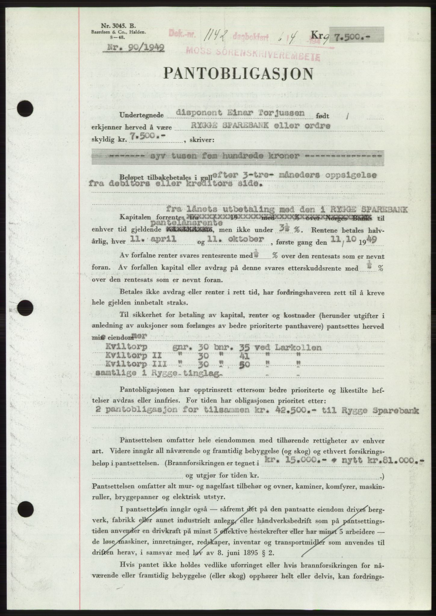 Moss sorenskriveri, SAO/A-10168: Pantebok nr. B21, 1949-1949, Dagboknr: 1142/1949