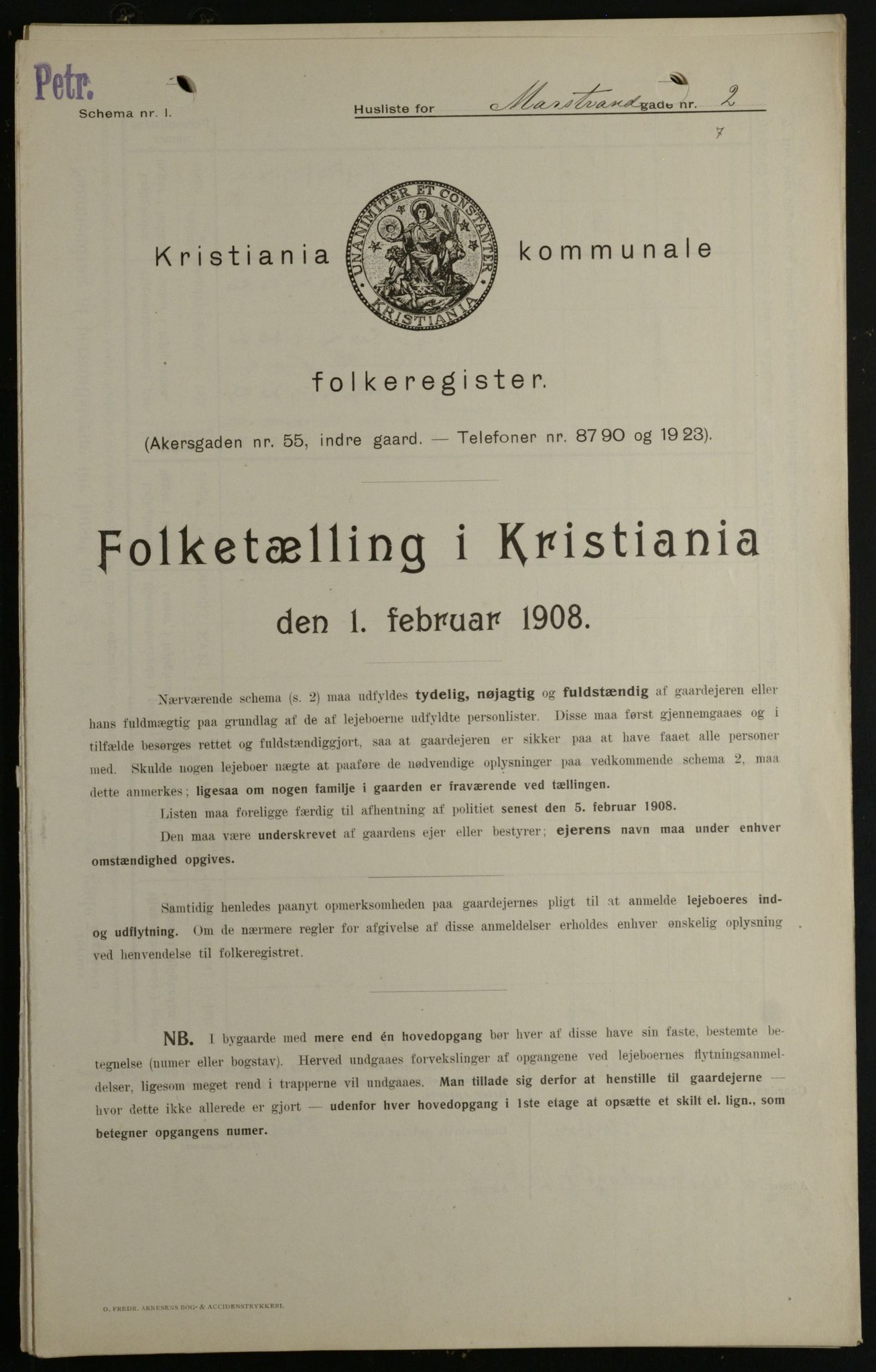 OBA, Kommunal folketelling 1.2.1908 for Kristiania kjøpstad, 1908, s. 58005