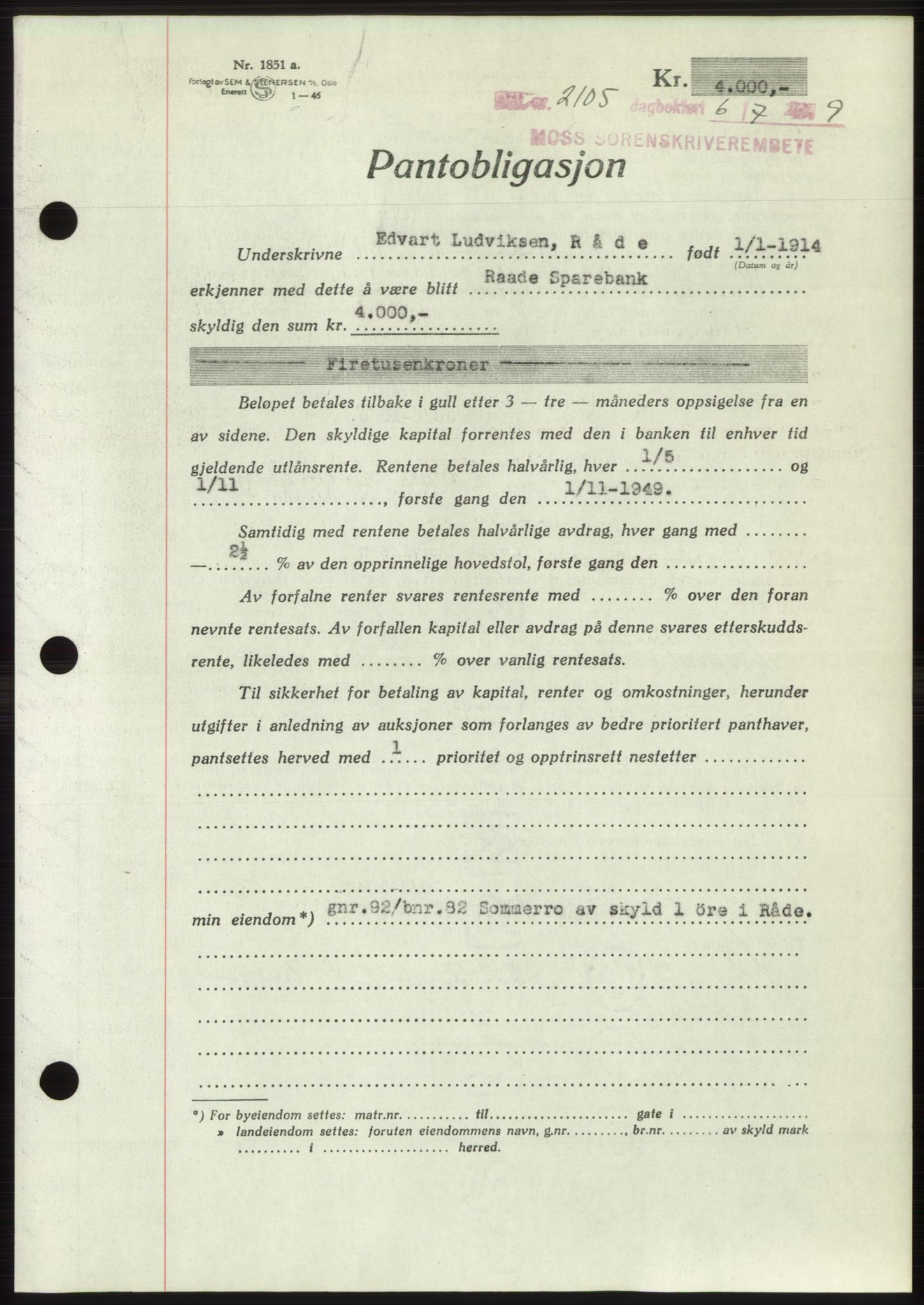 Moss sorenskriveri, SAO/A-10168: Pantebok nr. B22, 1949-1949, Dagboknr: 2107/1949