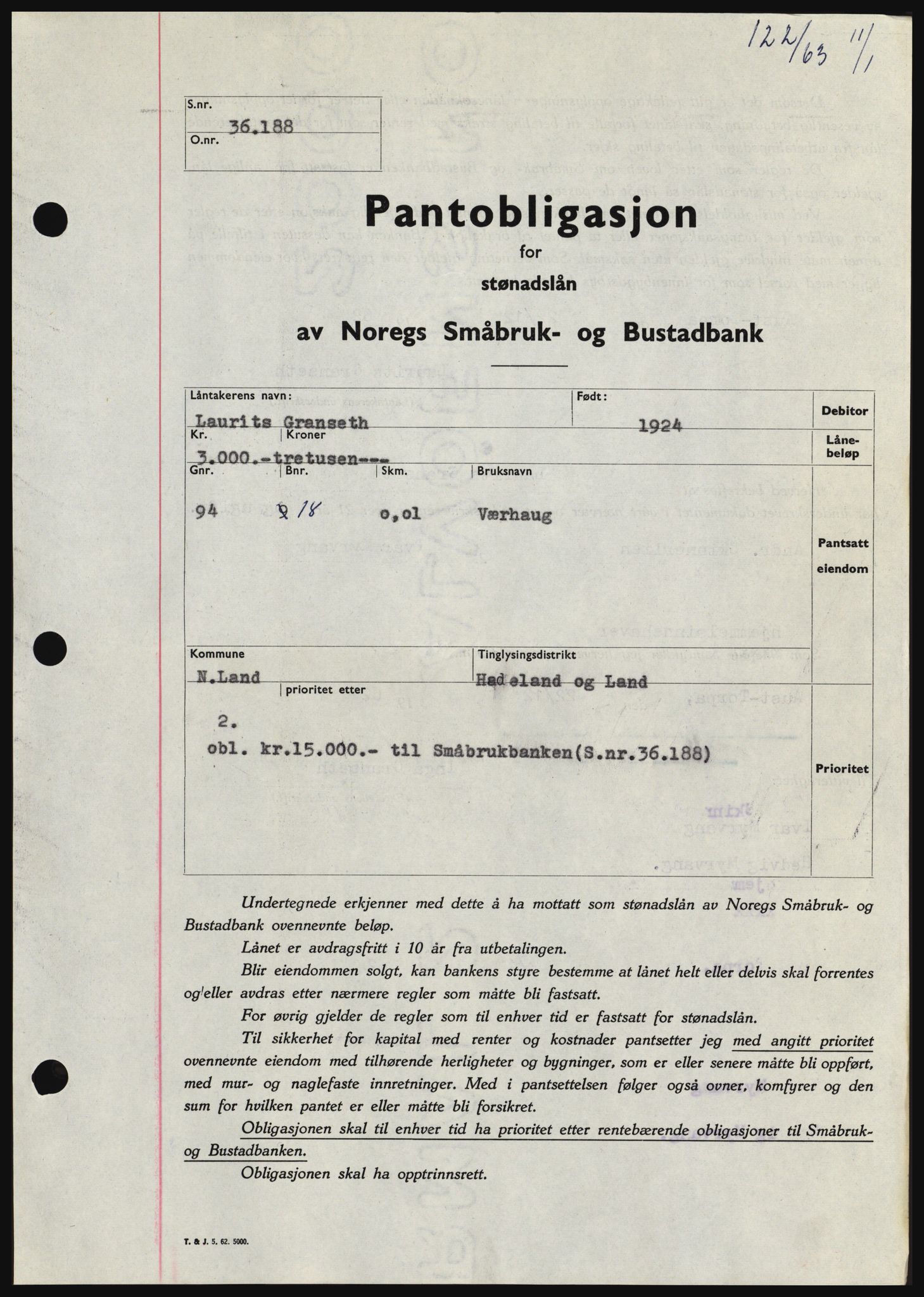 Hadeland og Land tingrett, SAH/TING-010/H/Hb/Hbc/L0050: Pantebok nr. B50, 1962-1963, Dagboknr: 122/1963