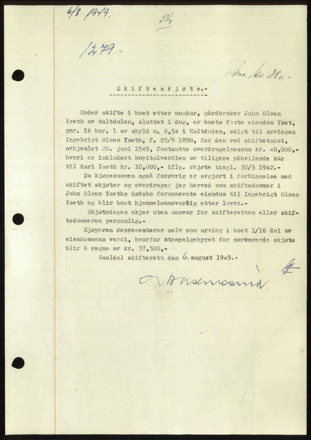 Gauldal sorenskriveri, SAT/A-0014/1/2/2C: Pantebok nr. A8, 1949-1949, Dagboknr: 1279/1949
