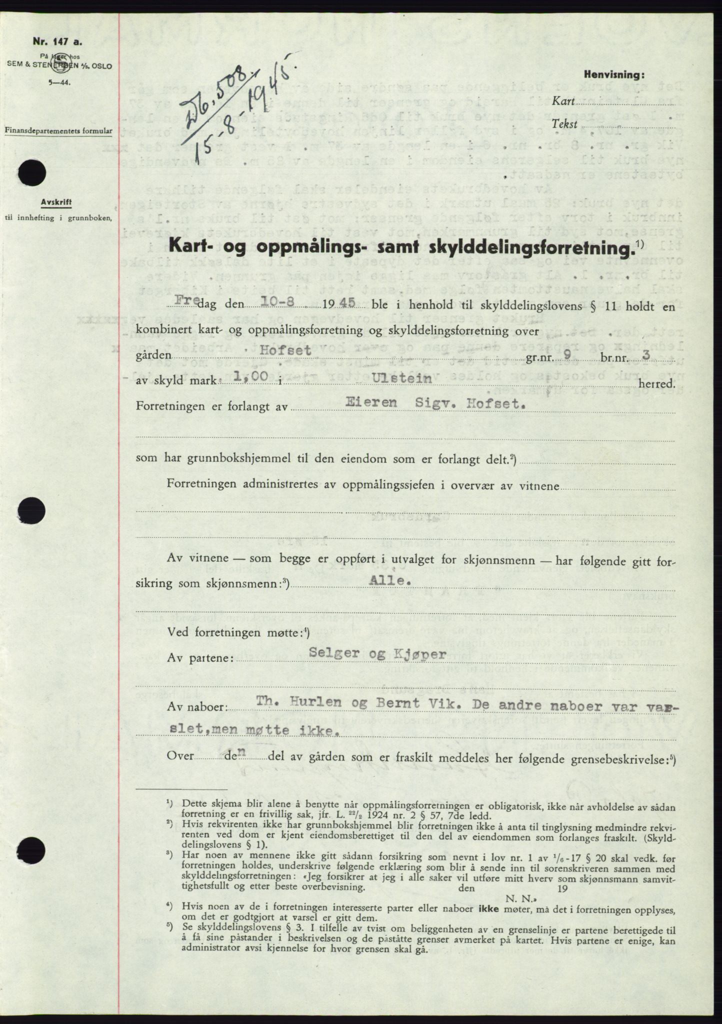 Søre Sunnmøre sorenskriveri, SAT/A-4122/1/2/2C/L0077: Pantebok nr. 3A, 1945-1946, Dagboknr: 508/1945