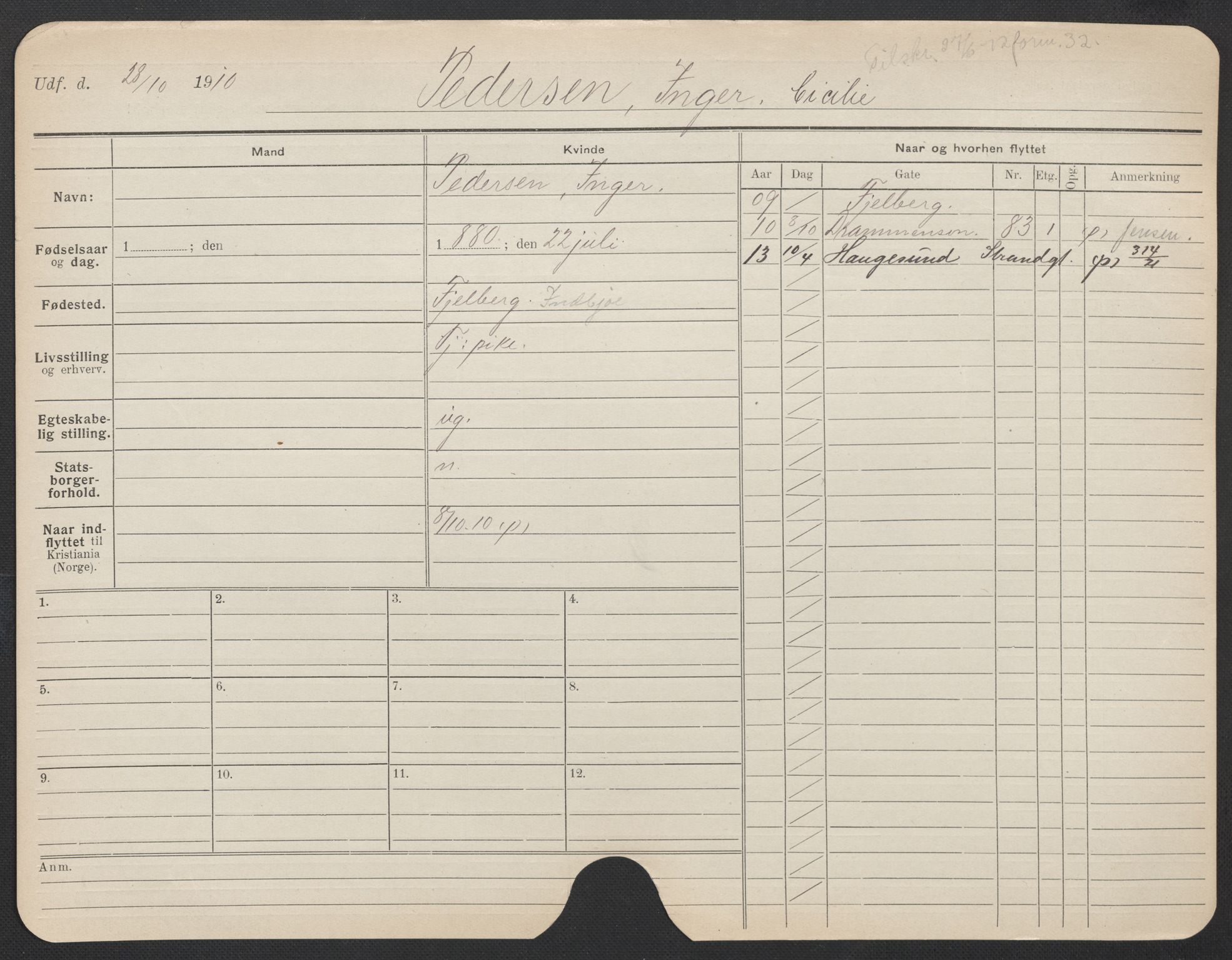 Oslo folkeregister, Registerkort, AV/SAO-A-11715/F/Fa/Fac/L0022: Kvinner, 1906-1914, s. 732a