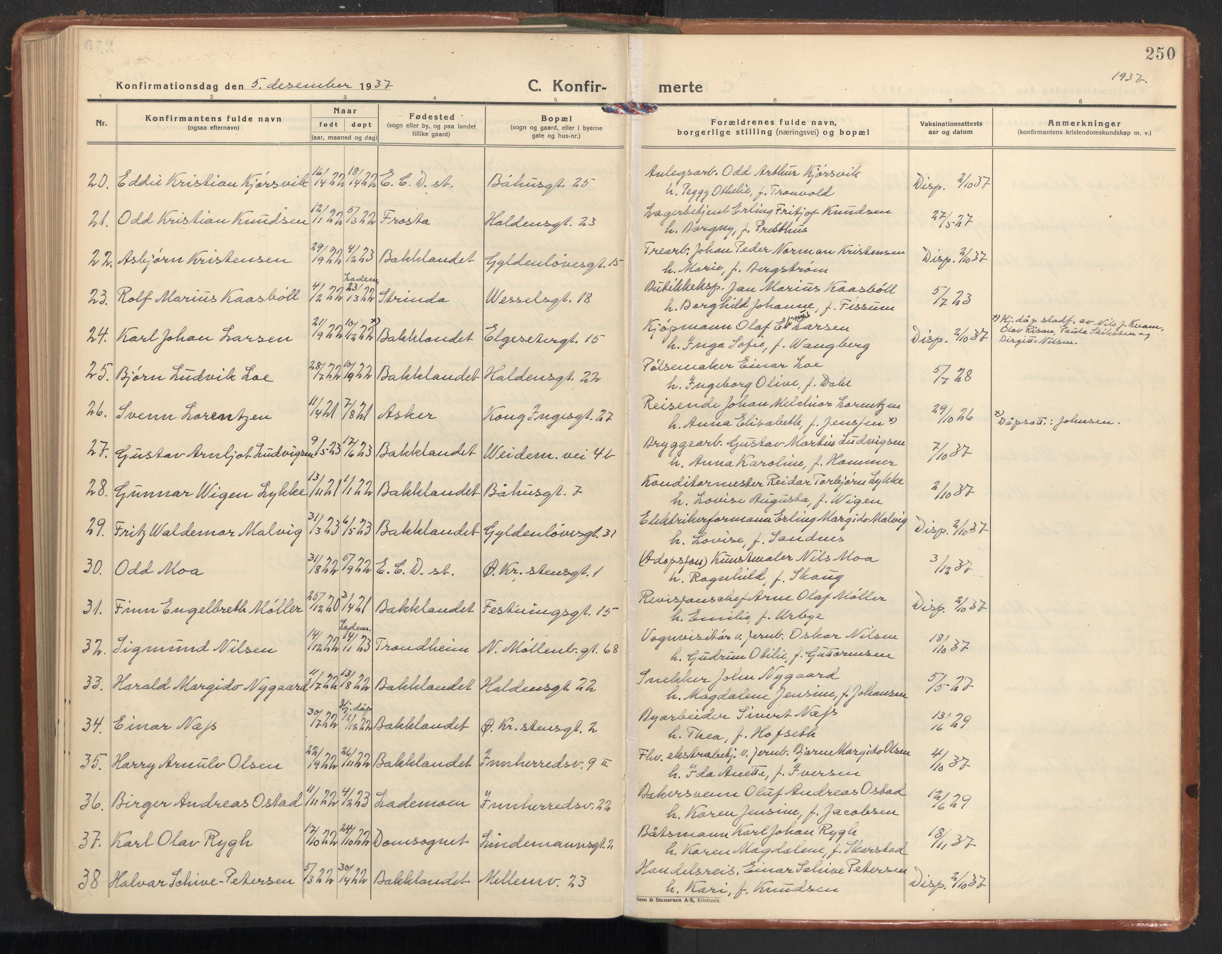 Ministerialprotokoller, klokkerbøker og fødselsregistre - Sør-Trøndelag, AV/SAT-A-1456/604/L0208: Ministerialbok nr. 604A28, 1923-1937, s. 250