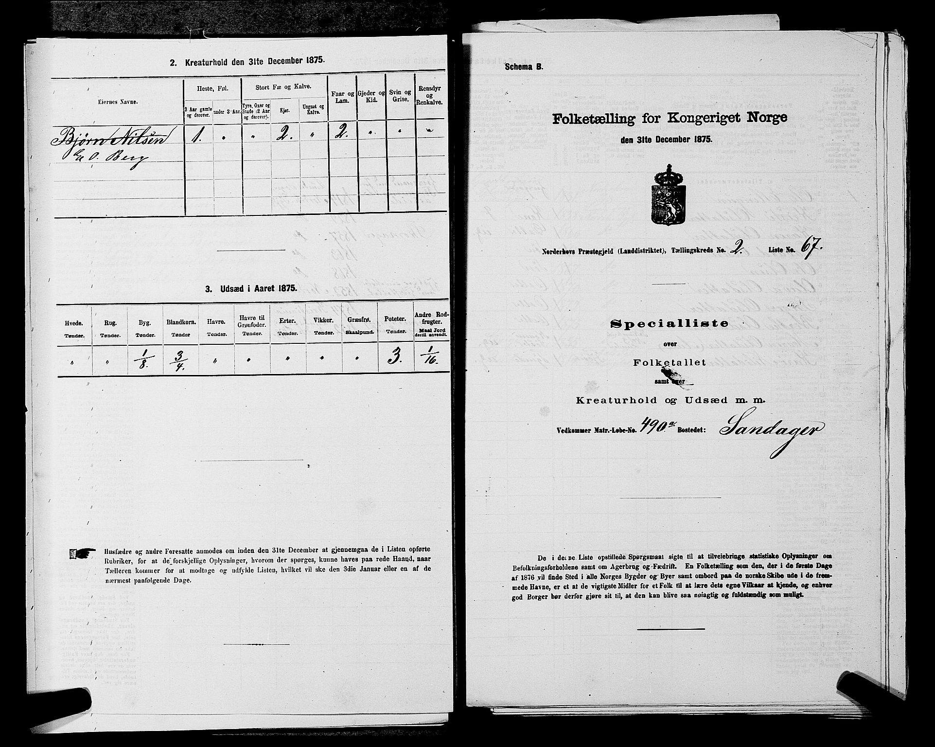 SAKO, Folketelling 1875 for 0613L Norderhov prestegjeld, Norderhov sokn, Haug sokn og Lunder sokn, 1875, s. 2539