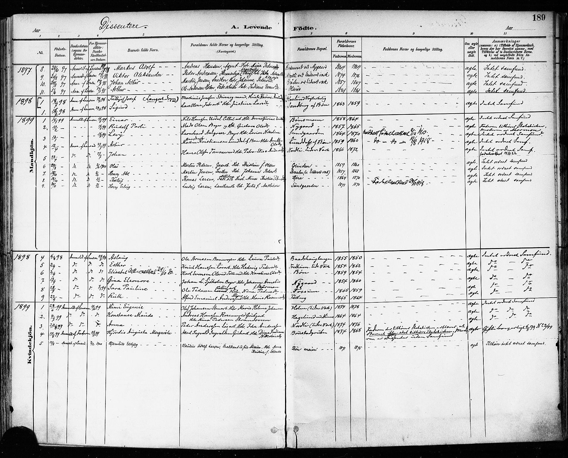 Eidsvoll prestekontor Kirkebøker, AV/SAO-A-10888/F/Fa/L0004: Ministerialbok nr. I 4, 1891-1900, s. 189