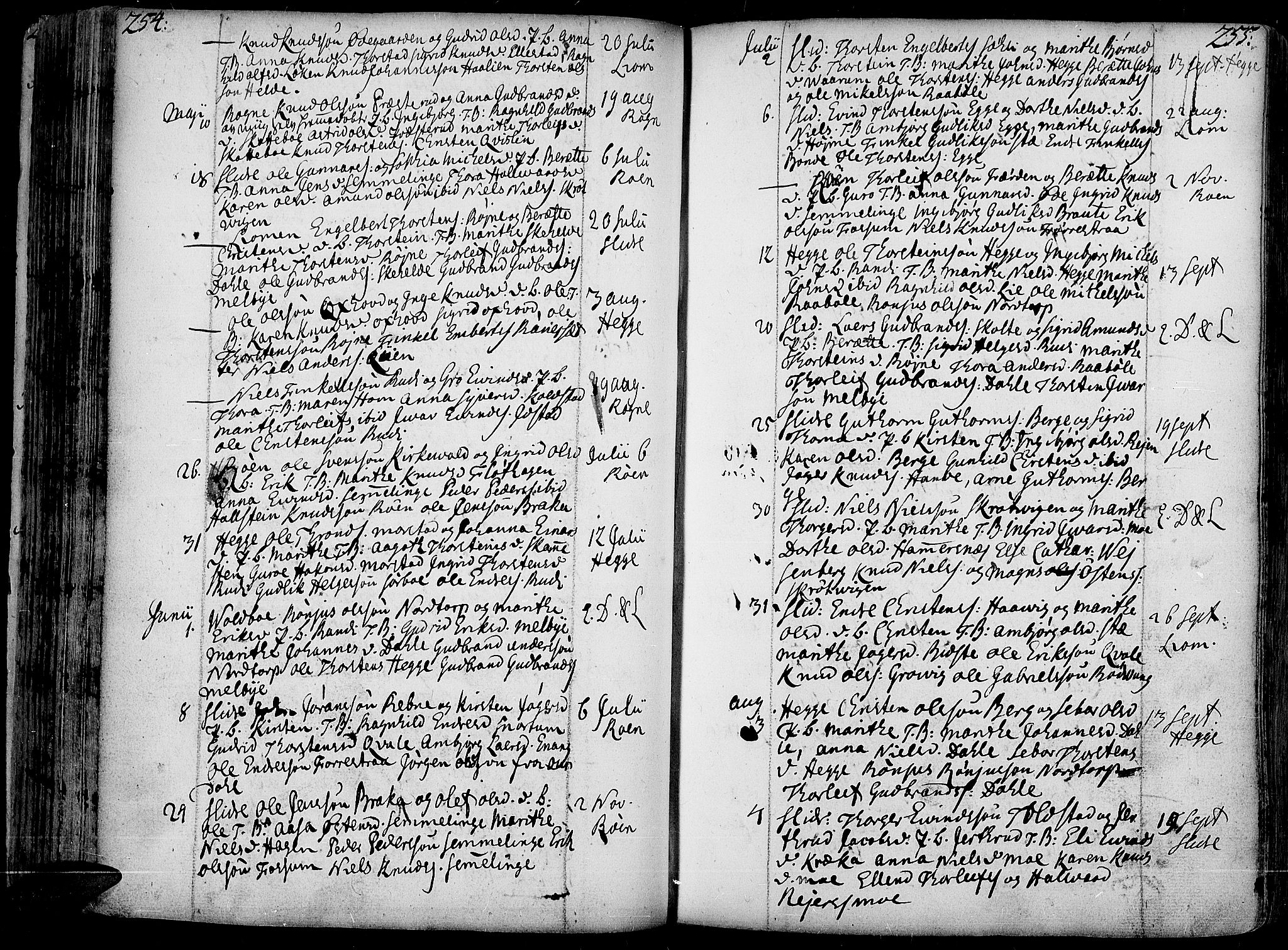 Slidre prestekontor, AV/SAH-PREST-134/H/Ha/Haa/L0001: Ministerialbok nr. 1, 1724-1814, s. 254-255