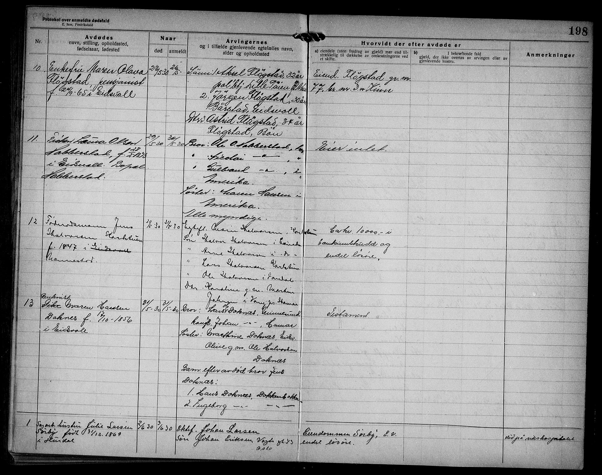 Eidsvoll lensmannskontor, AV/SAO-A-10266a/H/Ha/Haa/L0005: Dødsfallprotokoll, 1921-1930, s. 198