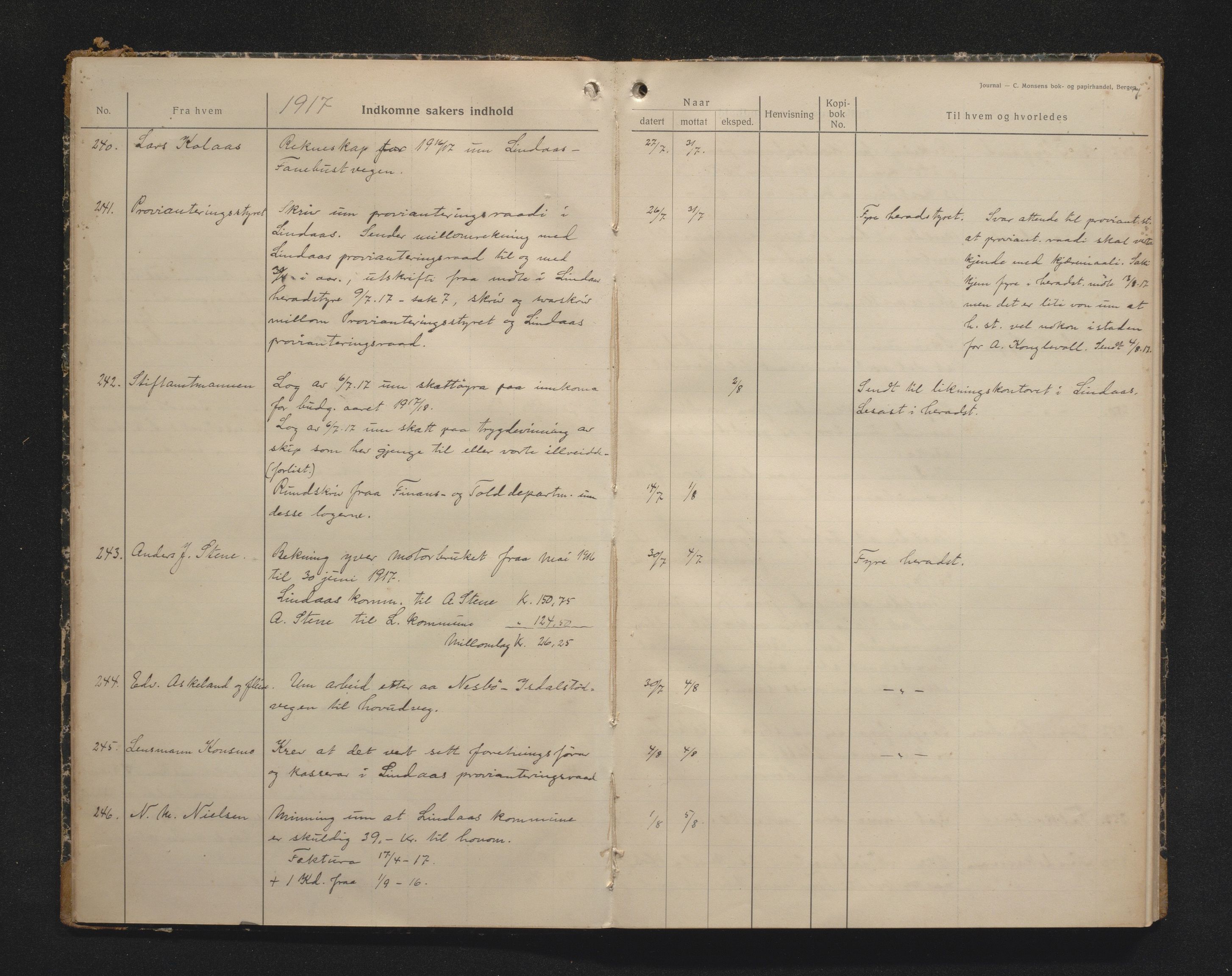 Lindås kommune. Formannskapet, IKAH/1263-021/C/Ca/L0001B: Postjournal, 1917-1918
