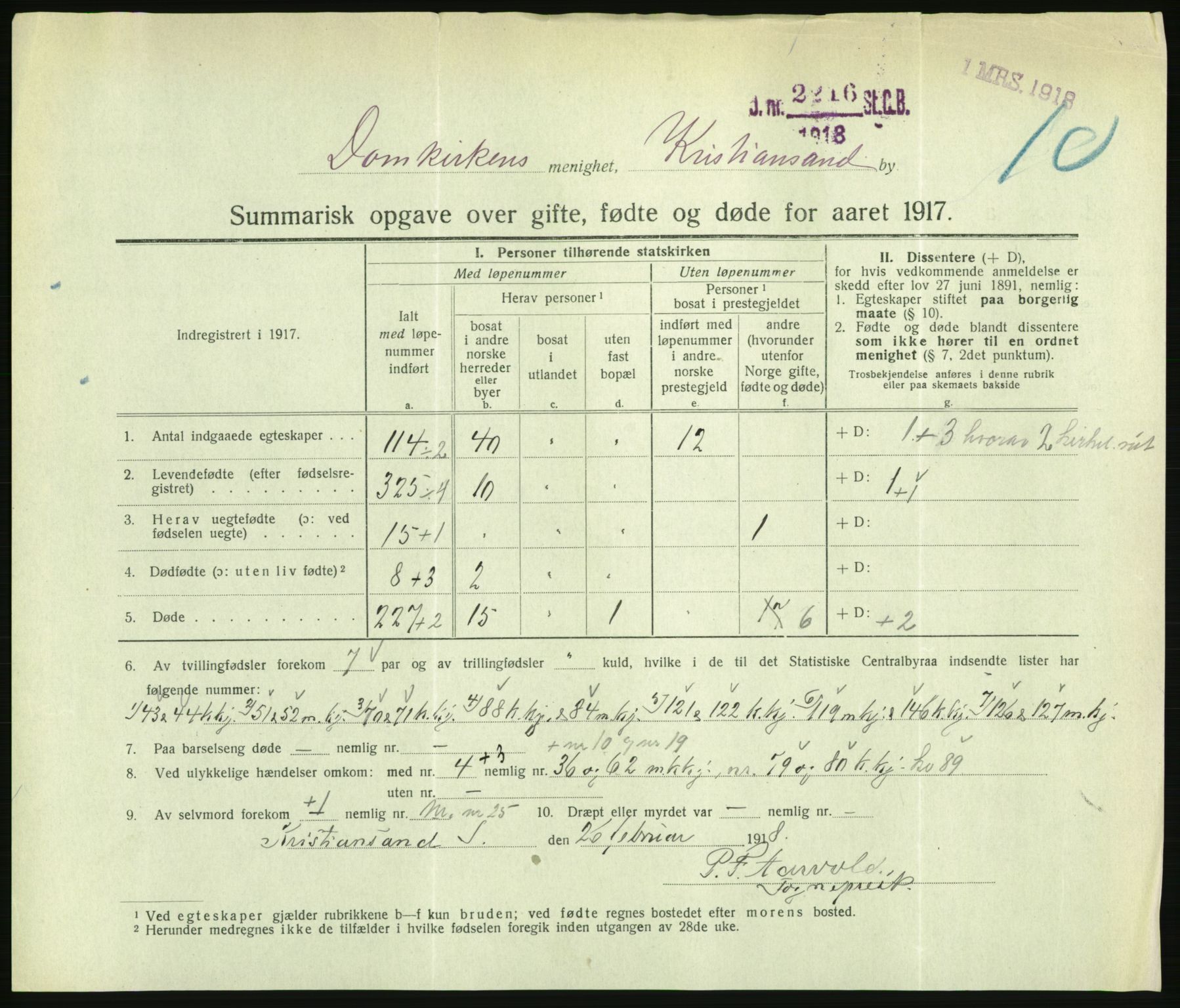 Statistisk sentralbyrå, Sosiodemografiske emner, Befolkning, RA/S-2228/D/Df/Dfb/Dfbg/L0056: Summariske oppgaver over gifte, fødte og døde for hele landet., 1917, s. 733