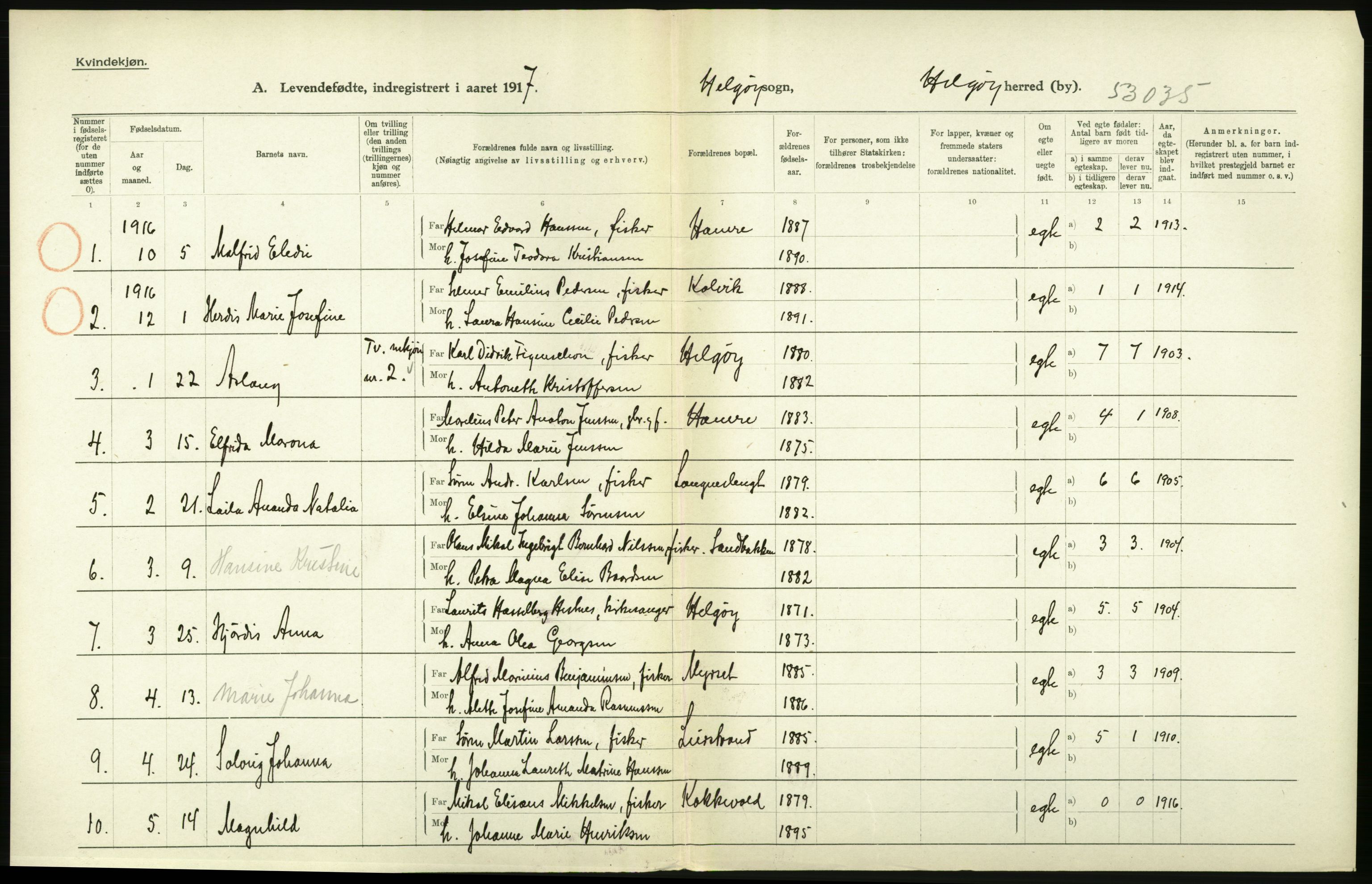 Statistisk sentralbyrå, Sosiodemografiske emner, Befolkning, AV/RA-S-2228/D/Df/Dfb/Dfbg/L0053: Tromsø amt: Levendefødte menn og kvinner. Bygder og byer., 1917, s. 234