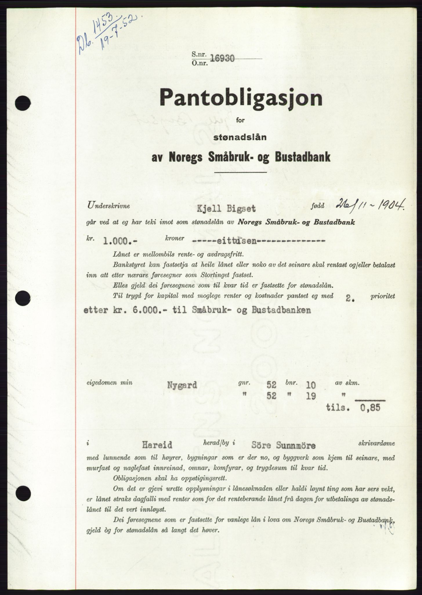 Søre Sunnmøre sorenskriveri, AV/SAT-A-4122/1/2/2C/L0121: Pantebok nr. 9B, 1951-1952, Dagboknr: 1453/1952