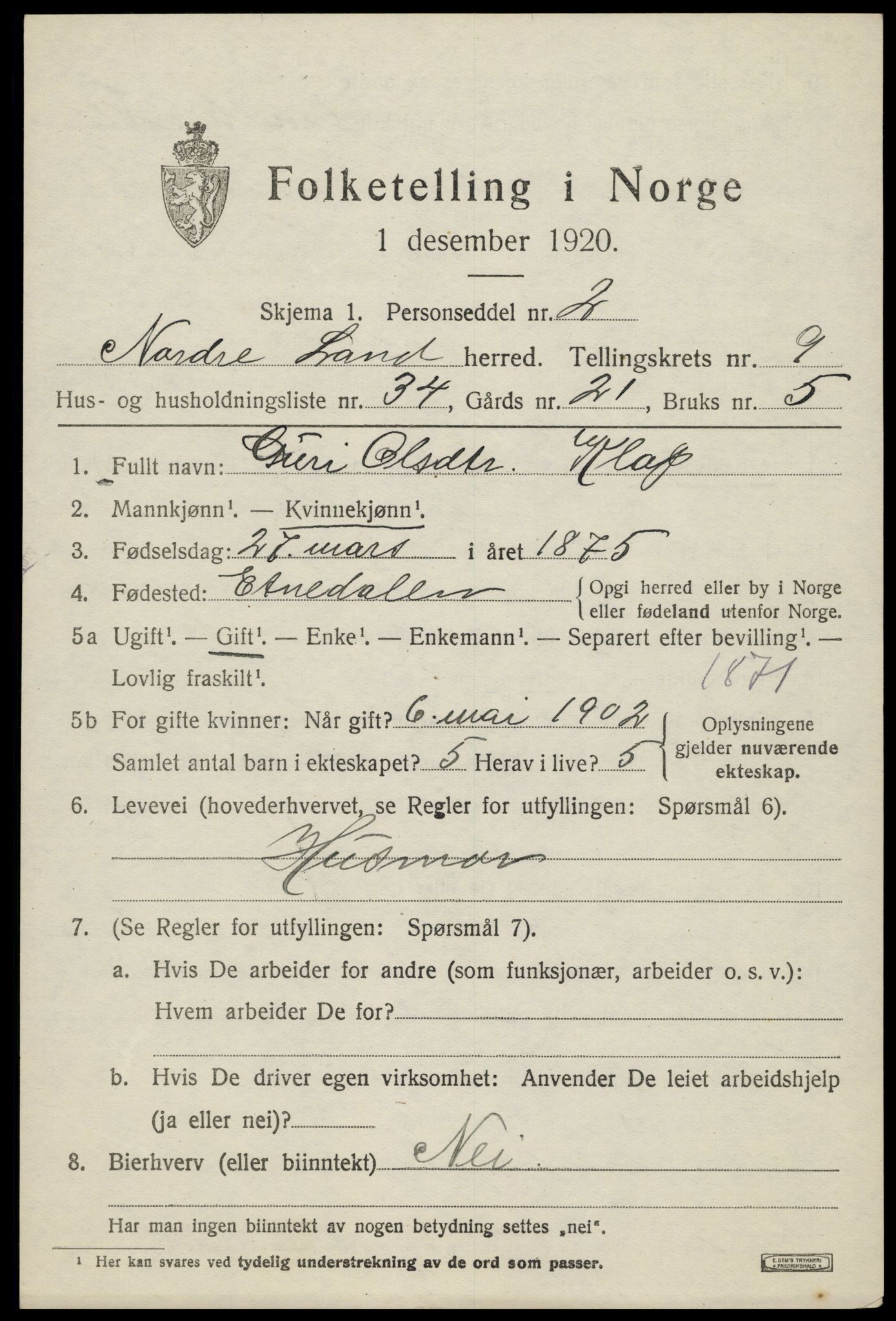 SAH, Folketelling 1920 for 0538 Nordre Land herred, 1920, s. 5202