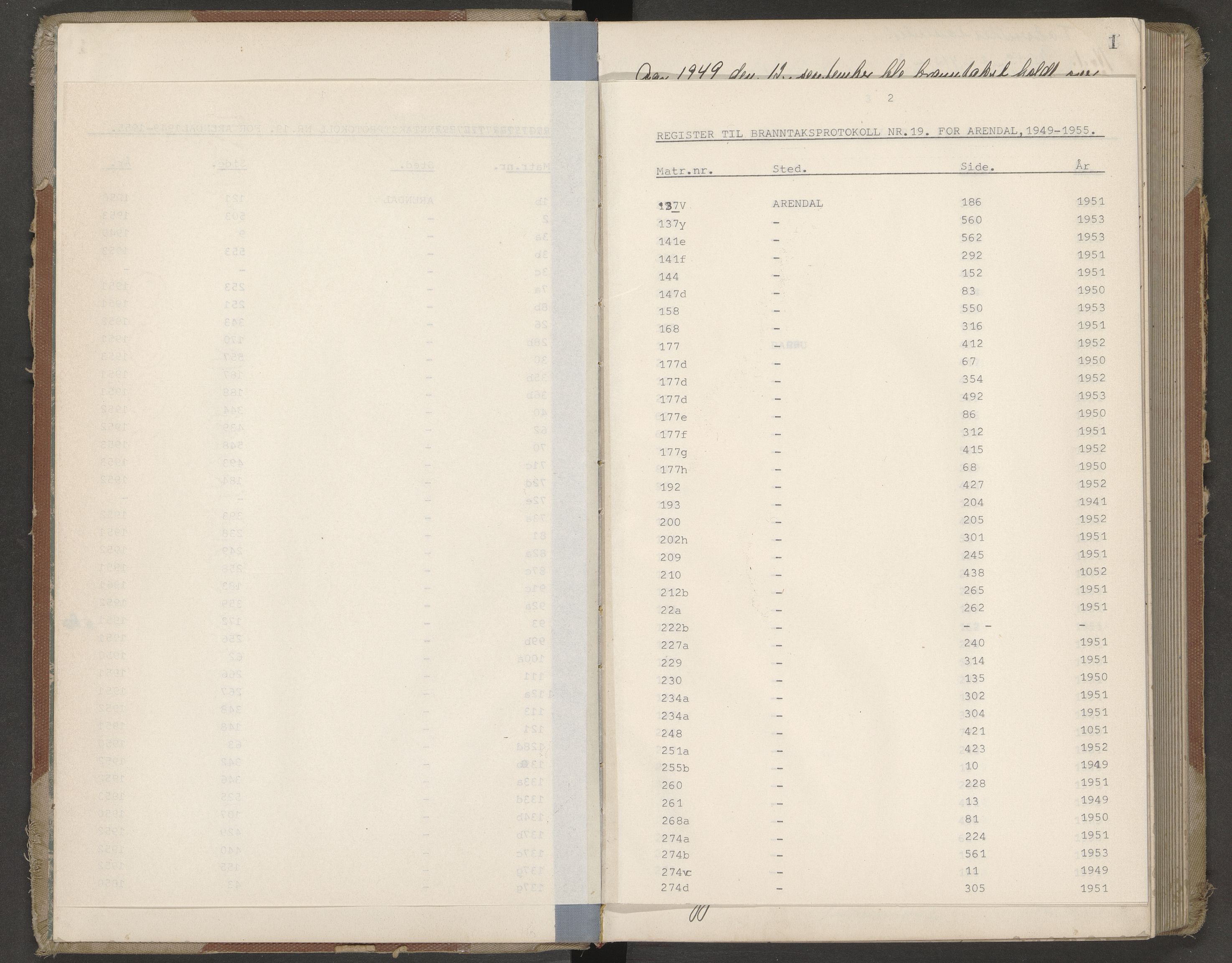 Norges Brannkasse Arendal, AV/SAK-2241-0002/F/Fa/L0036: Branntakstprotokoll nr. 34 med matrikkelnummerregister, 1949-1953