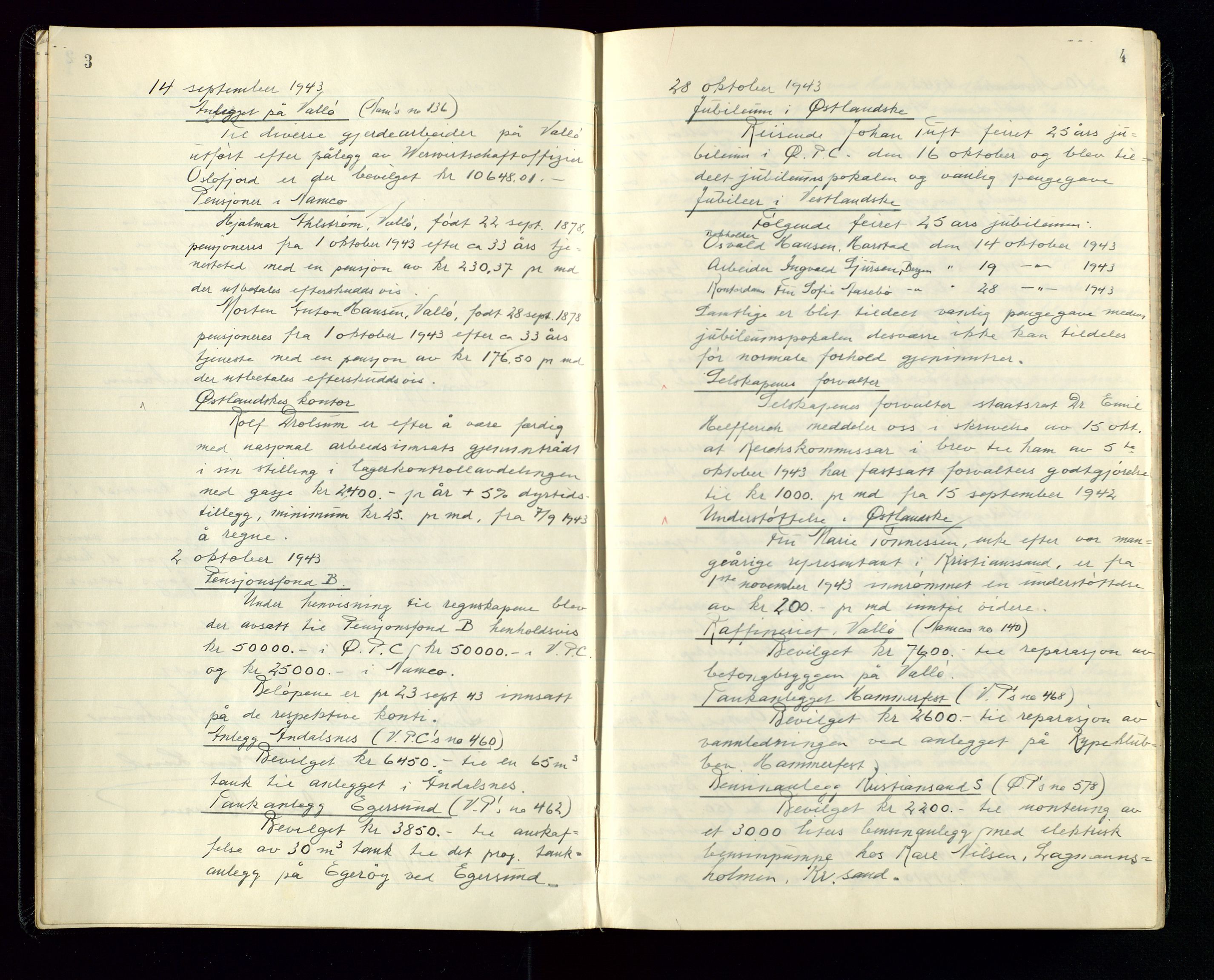 PA 1534 - Østlandske Petroleumscompagni A/S, AV/SAST-A-101954/A/Aa/L0005/0001: Direksjonsprotokoller / Den Administrerende Direksjon alle selskaper (referatprotokoll), 1943-1958, s. 3-4