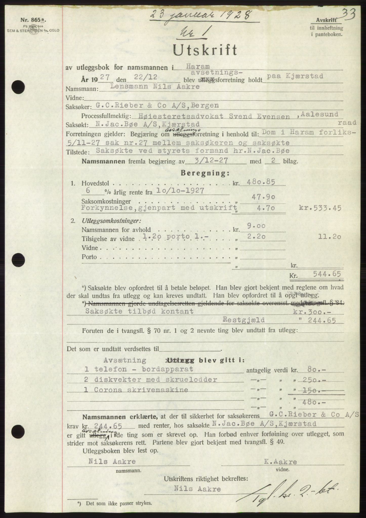 Nordre Sunnmøre sorenskriveri, SAT/A-0006/1/2/2C/2Ca/L0041: Pantebok nr. 41, 1928-1928, Tingl.dato: 23.01.1928