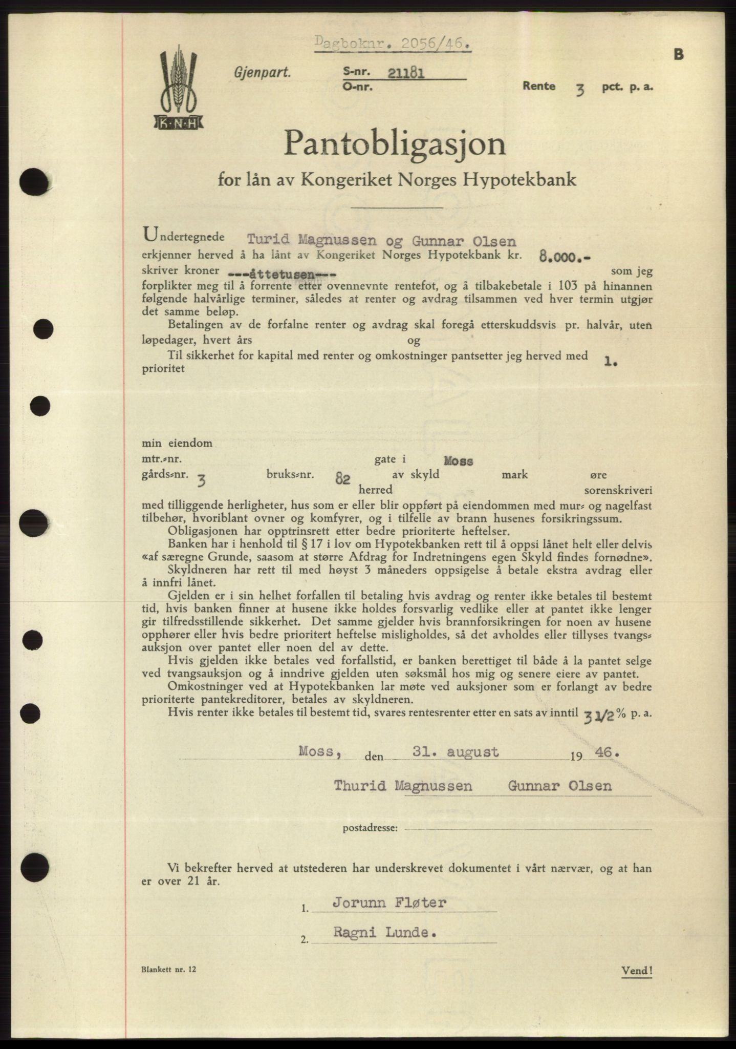 Moss sorenskriveri, SAO/A-10168: Pantebok nr. B15, 1946-1946, Dagboknr: 2056/1946
