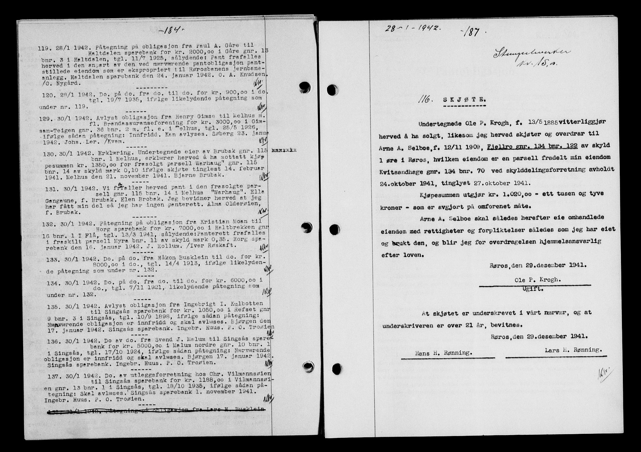 Gauldal sorenskriveri, SAT/A-0014/1/2/2C/L0054: Pantebok nr. 59, 1941-1942, Dagboknr: 116/1942