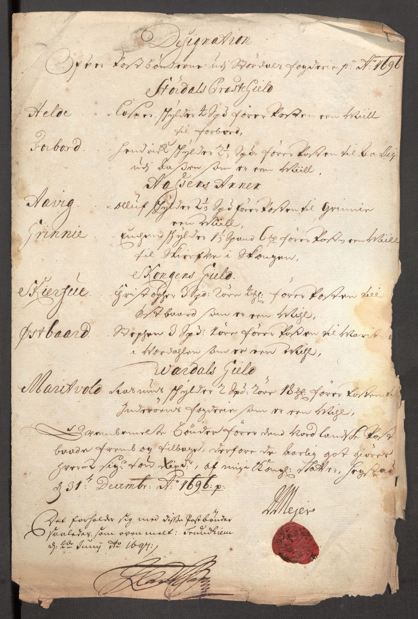 Rentekammeret inntil 1814, Reviderte regnskaper, Fogderegnskap, RA/EA-4092/R62/L4188: Fogderegnskap Stjørdal og Verdal, 1696, s. 160