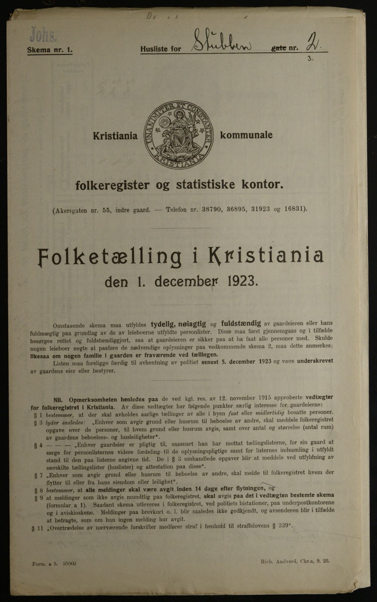 OBA, Kommunal folketelling 1.12.1923 for Kristiania, 1923, s. 115599