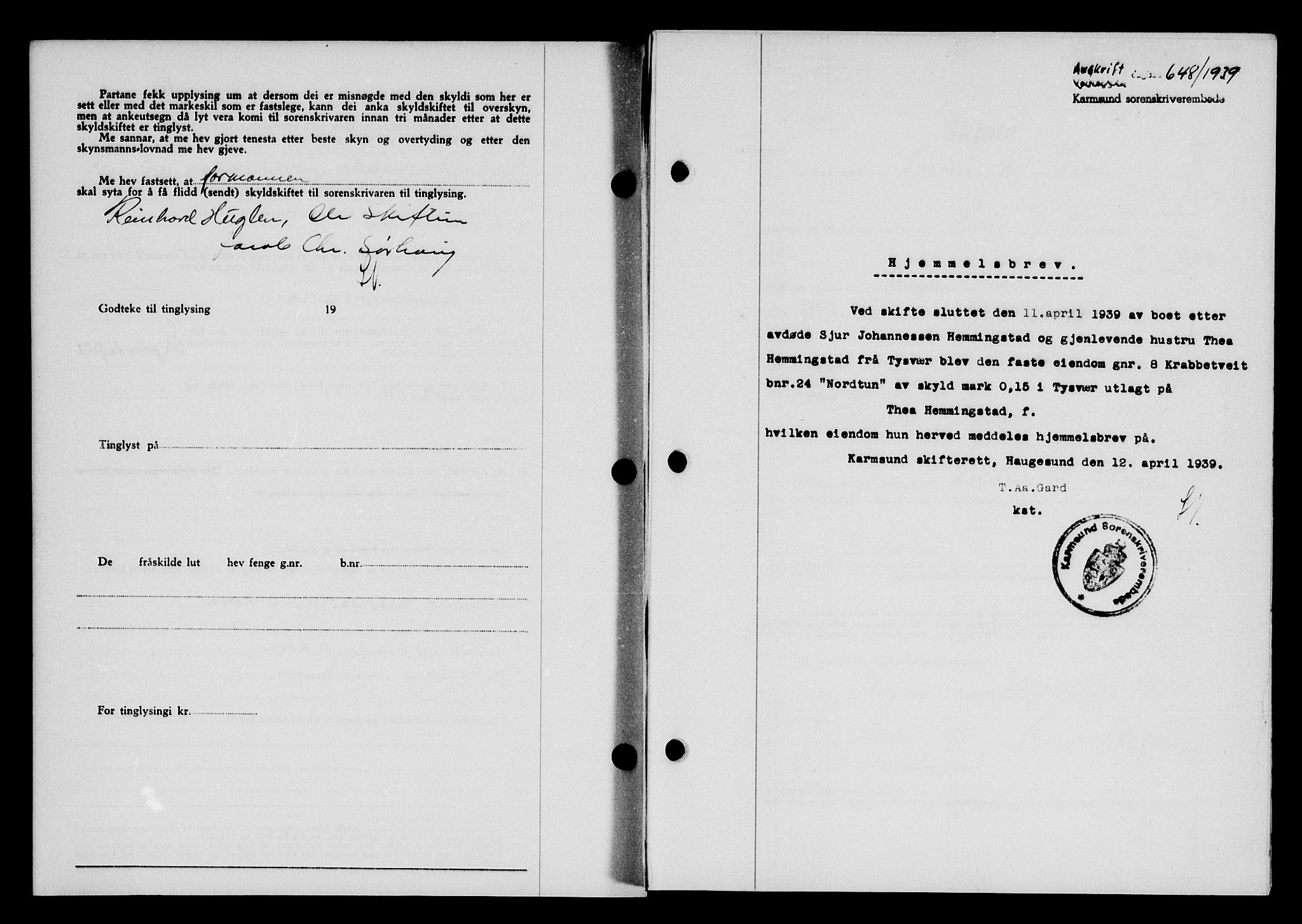 Karmsund sorenskriveri, SAST/A-100311/01/II/IIB/L0071: Pantebok nr. 52A, 1939-1939, Dagboknr: 648/1939