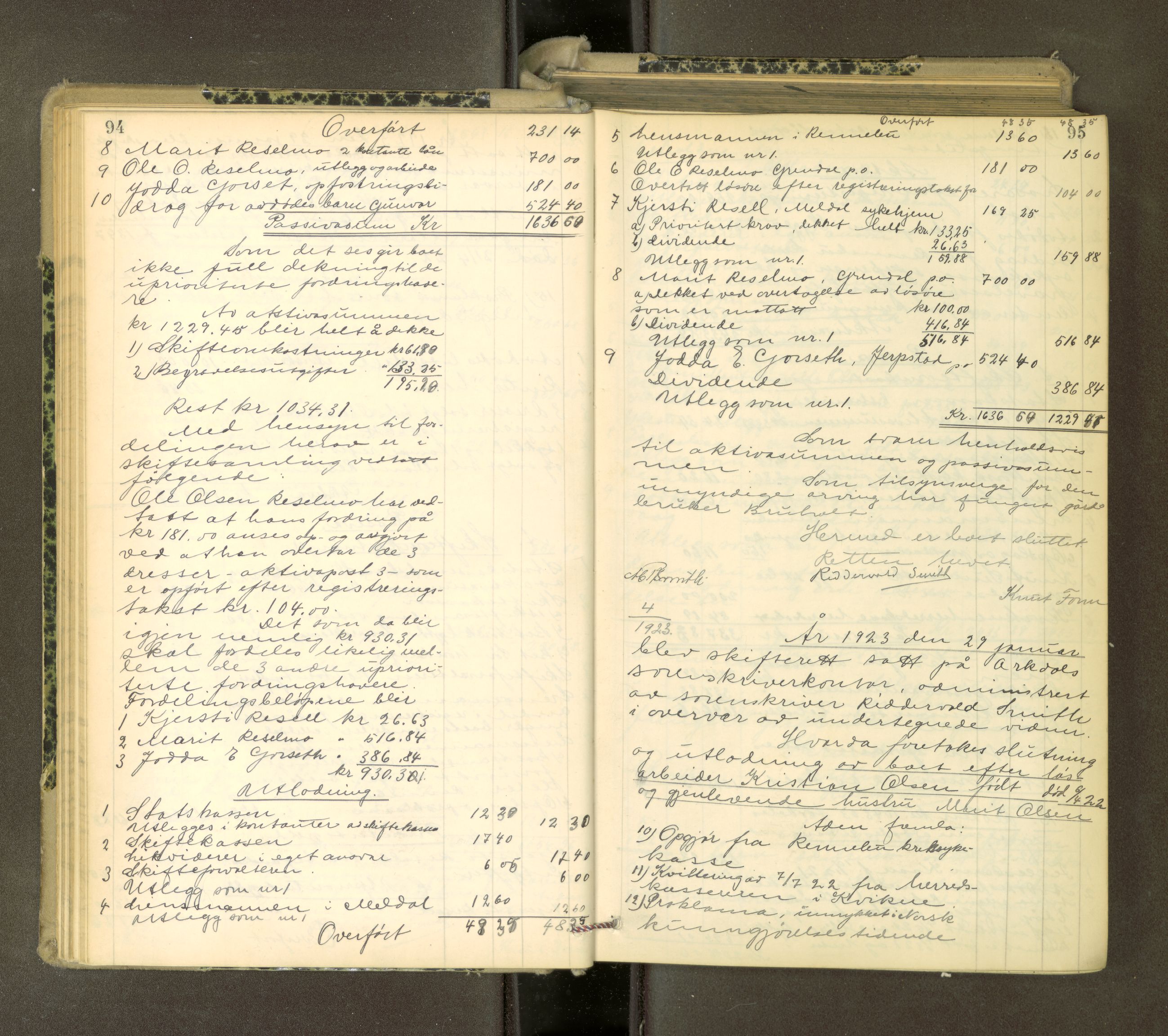 Orkdal sorenskriveri, AV/SAT-A-4169/1/3/3Aa/L0017: Skifteprotokoller, 1921-1929, s. 94-95