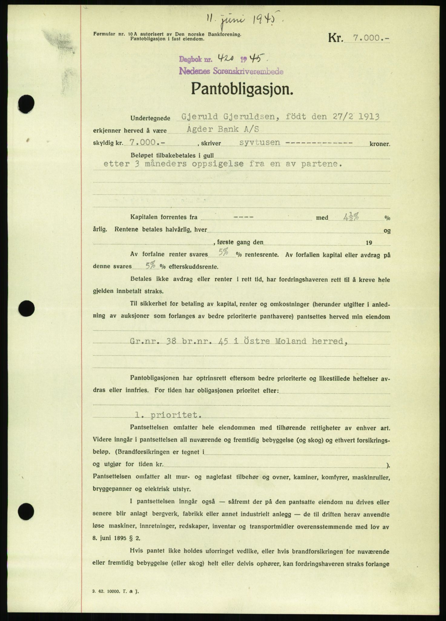 Nedenes sorenskriveri, SAK/1221-0006/G/Gb/Gbb/L0002: Pantebok nr. II, 1942-1945, Dagboknr: 420/1945