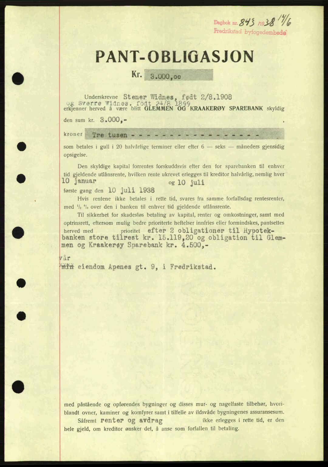 Fredrikstad byfogd, SAO/A-10473a/G/Ga/Gad/L0002: Pantebok nr. B2, 1938-1939, Dagboknr: 843/1938