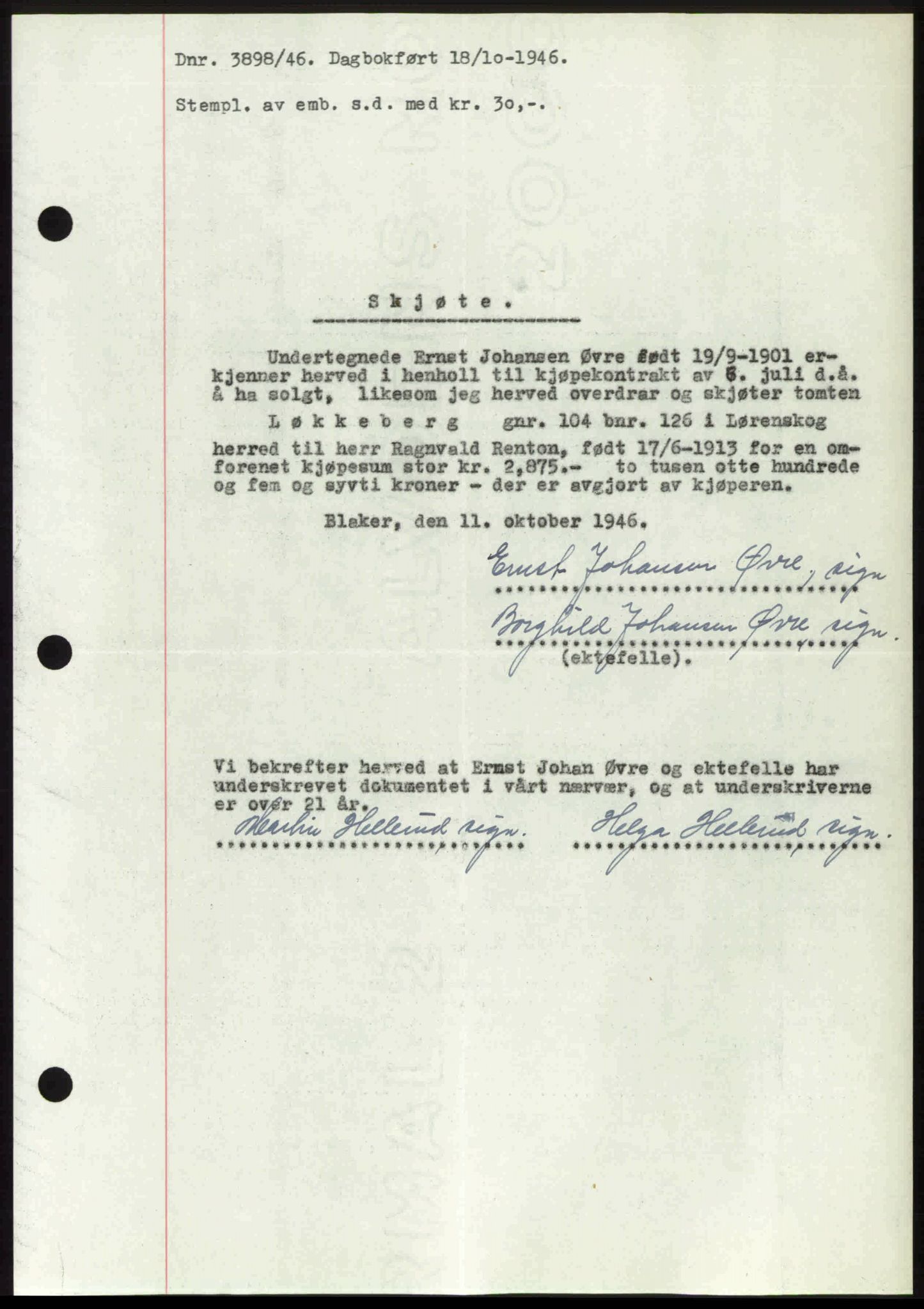 Nedre Romerike sorenskriveri, AV/SAO-A-10469/G/Gb/Gbd/L0017: Pantebok nr. 17, 1946-1946, Dagboknr: 3898/1946