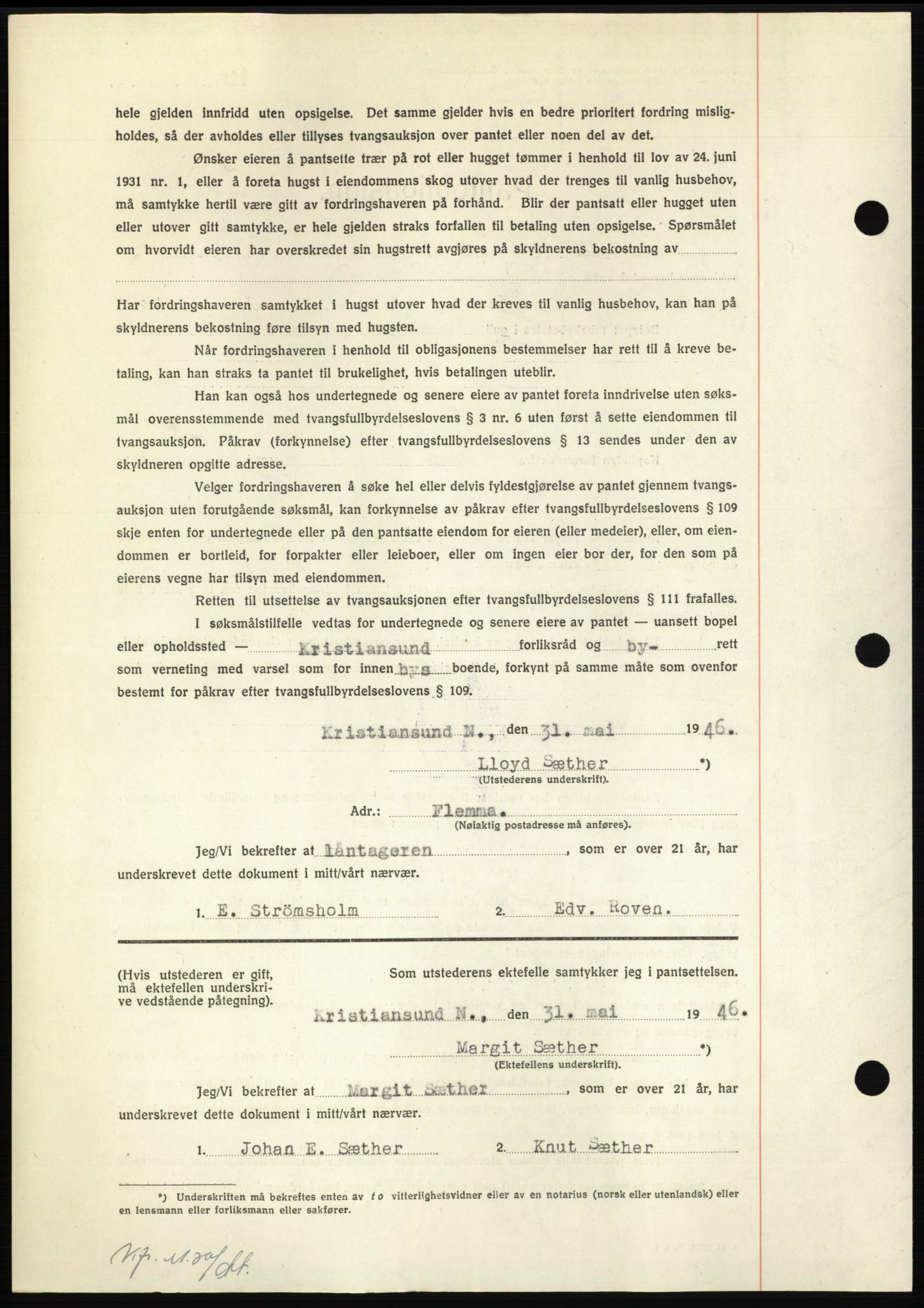 Nordmøre sorenskriveri, AV/SAT-A-4132/1/2/2Ca: Pantebok nr. B94, 1946-1946, Dagboknr: 981/1946