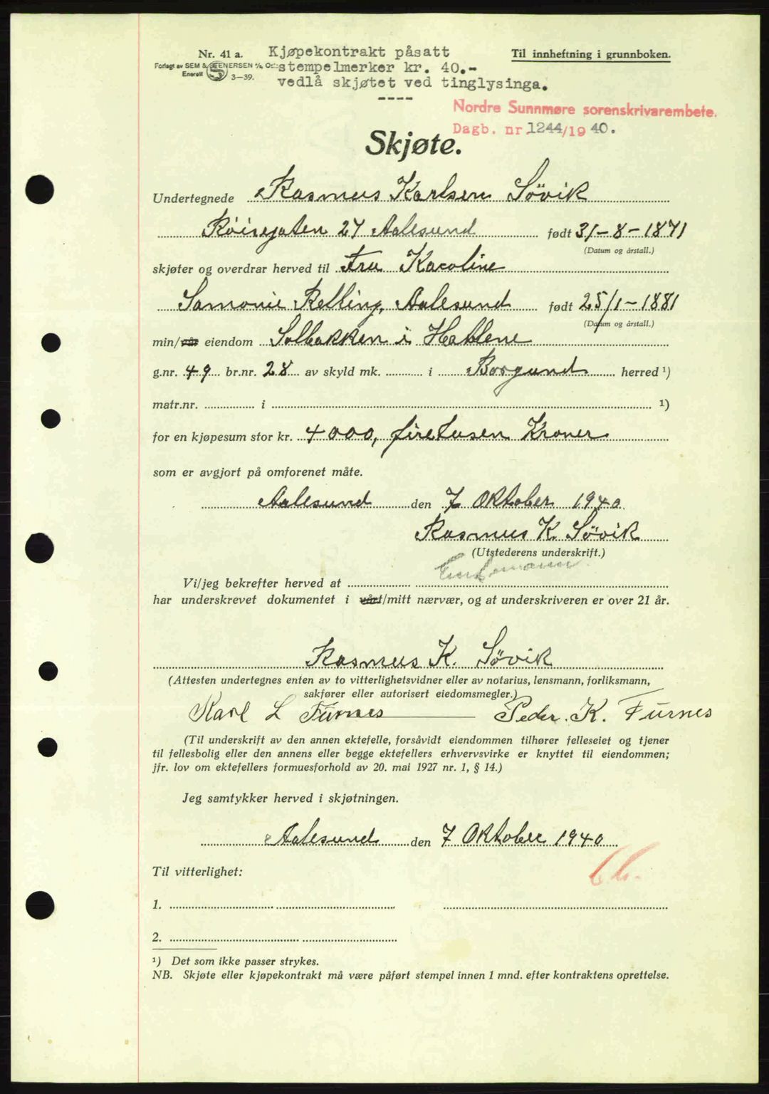 Nordre Sunnmøre sorenskriveri, AV/SAT-A-0006/1/2/2C/2Ca: Pantebok nr. A9, 1940-1940, Dagboknr: 1244/1940