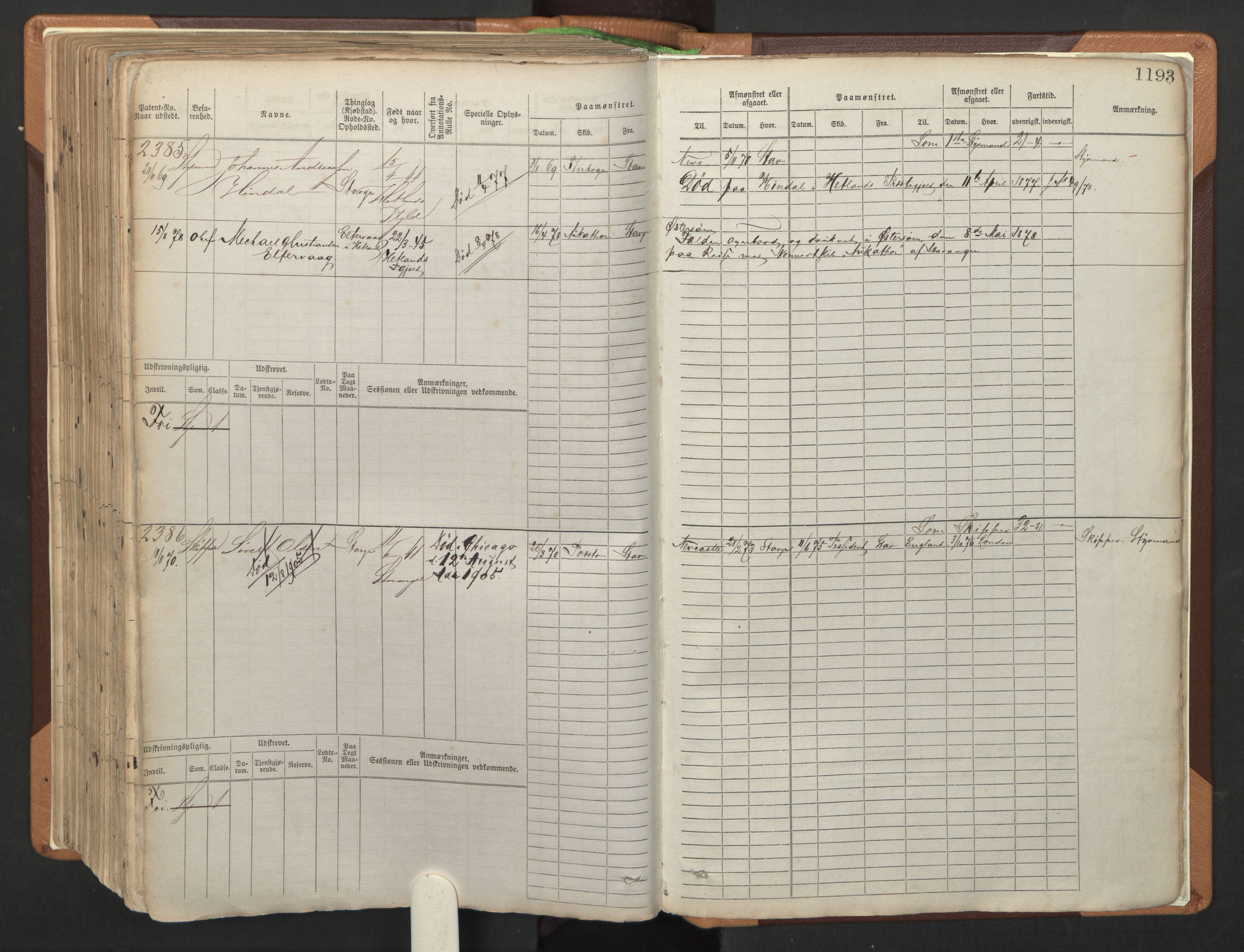 Stavanger sjømannskontor, AV/SAST-A-102006/F/Fb/Fbb/L0006: Sjøfartshovedrulle, patentnr. 1607-2402 (del 3), 1869-1880, s. 393