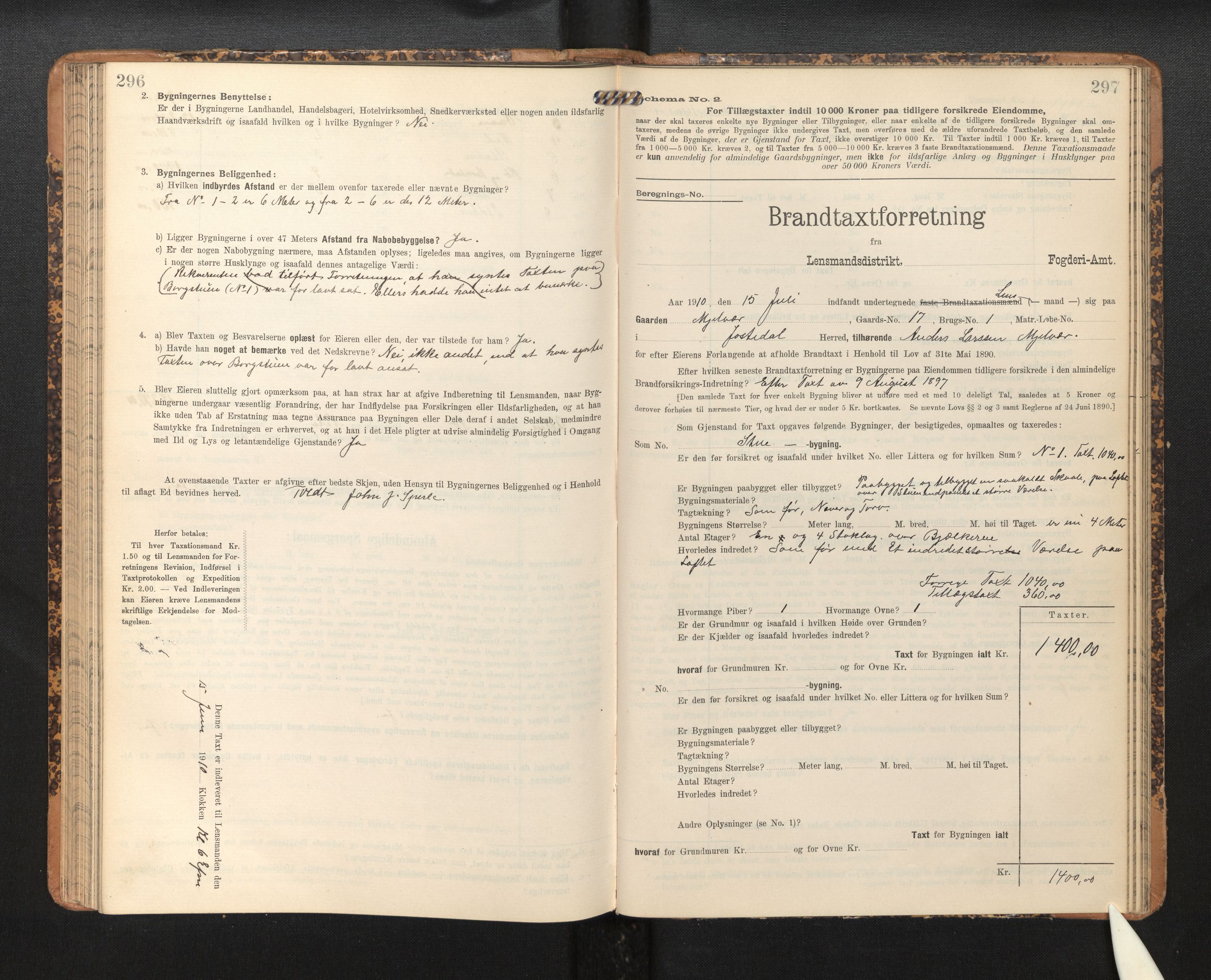 Lensmannen i Jostedal, SAB/A-28601/0012/L0004: Branntakstprotokoll, skjematakst, 1906-1919, s. 296-297