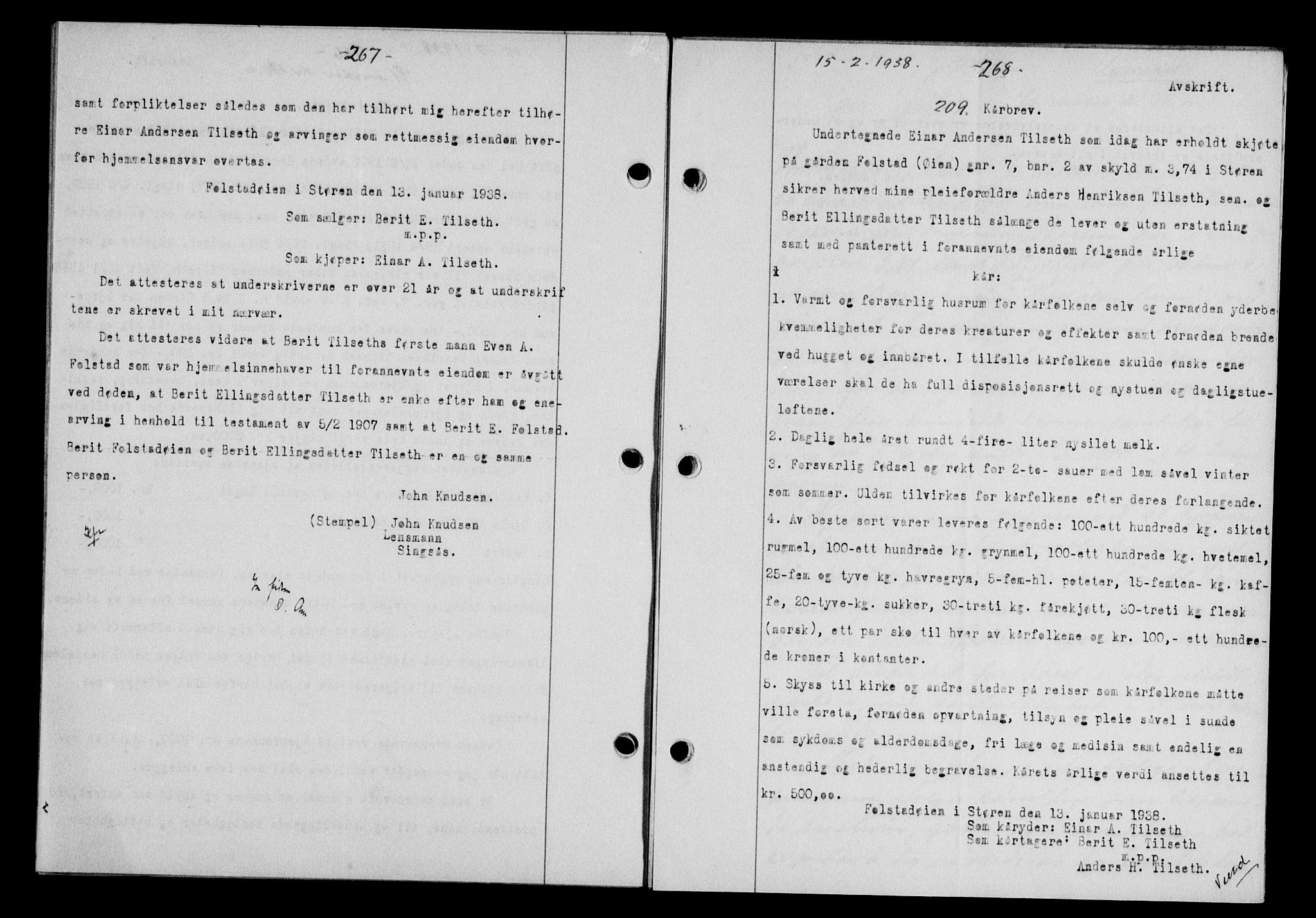 Gauldal sorenskriveri, SAT/A-0014/1/2/2C/L0048: Pantebok nr. 51-52, 1937-1938, s. 267, Dagboknr: 209/1938
