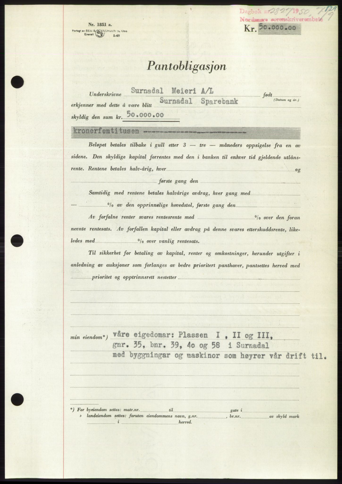 Nordmøre sorenskriveri, AV/SAT-A-4132/1/2/2Ca: Pantebok nr. B105, 1950-1950, Dagboknr: 2827/1950