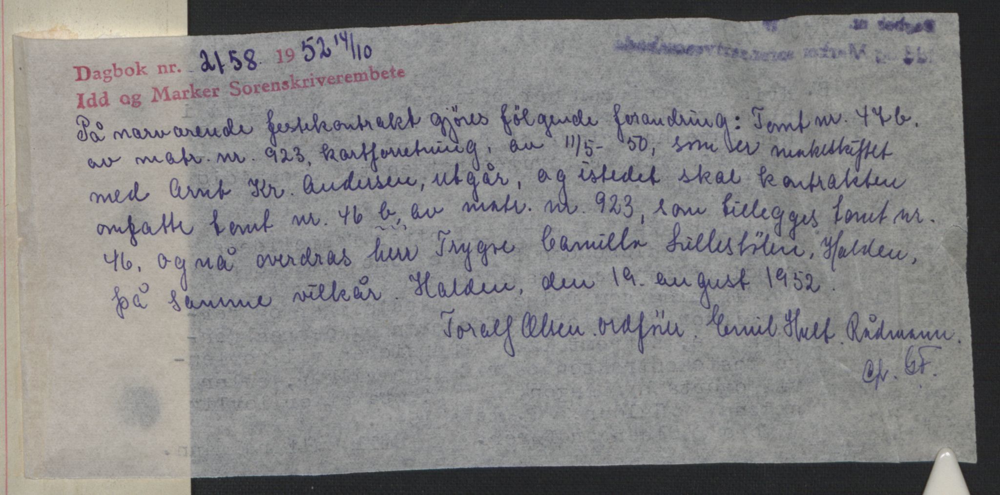 Idd og Marker sorenskriveri, SAO/A-10283/G/Gb/Gbb/L0008: Pantebok nr. A8, 1946-1946, Dagboknr: 2158/1952