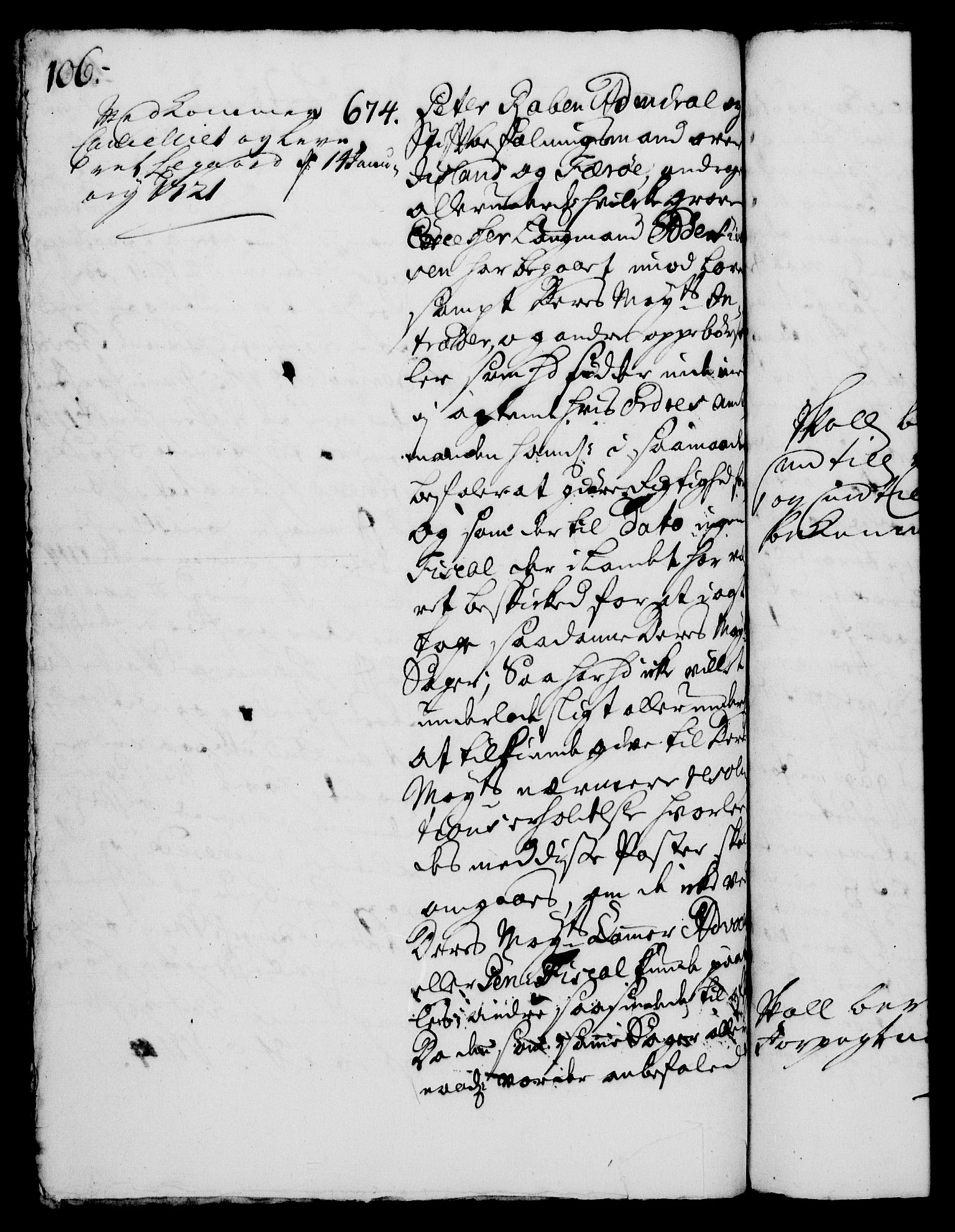 Rentekammeret, Kammerkanselliet, RA/EA-3111/G/Gh/Gha/L0003: Norsk ekstraktmemorialprotokoll, sak. 600-765 (merket RK 53.48), 1720-1721, s. 106