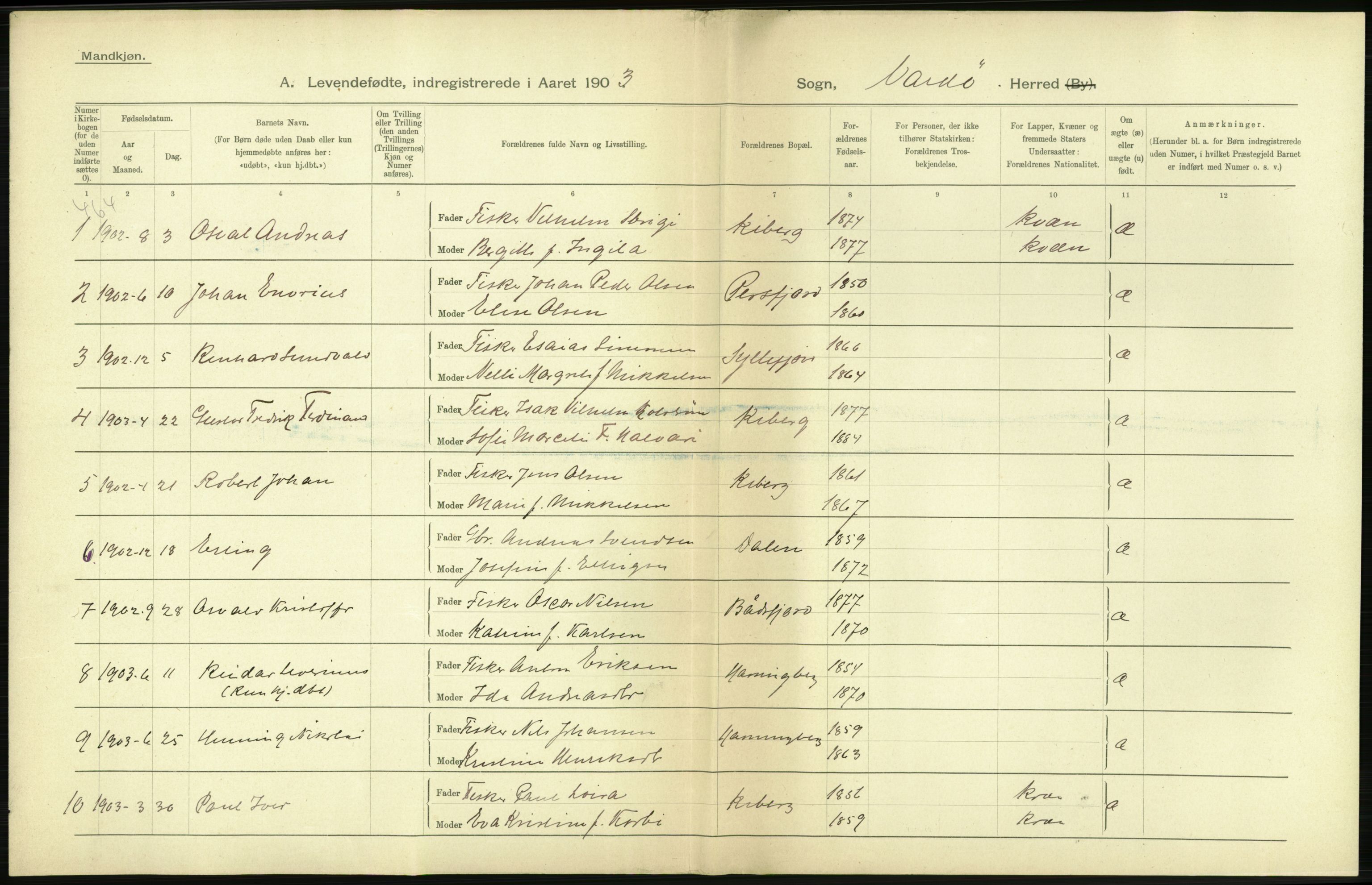 Statistisk sentralbyrå, Sosiodemografiske emner, Befolkning, AV/RA-S-2228/D/Df/Dfa/Dfaa/L0022: Finnmarkens amt: Fødte, gifte, døde., 1903, s. 6