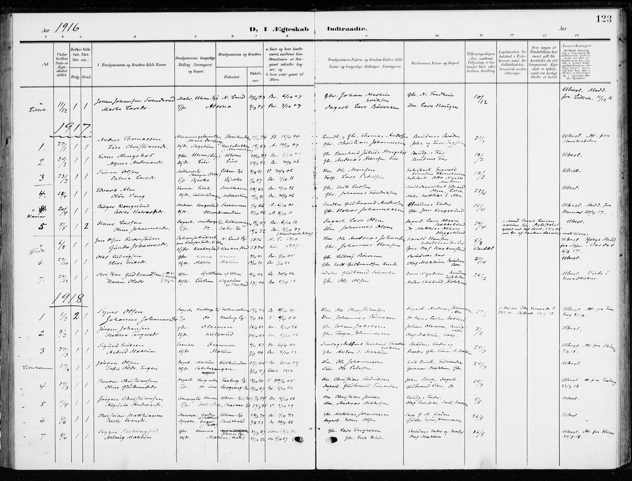 Ringsaker prestekontor, SAH/PREST-014/K/Ka/L0021: Ministerialbok nr. 21, 1905-1920, s. 123