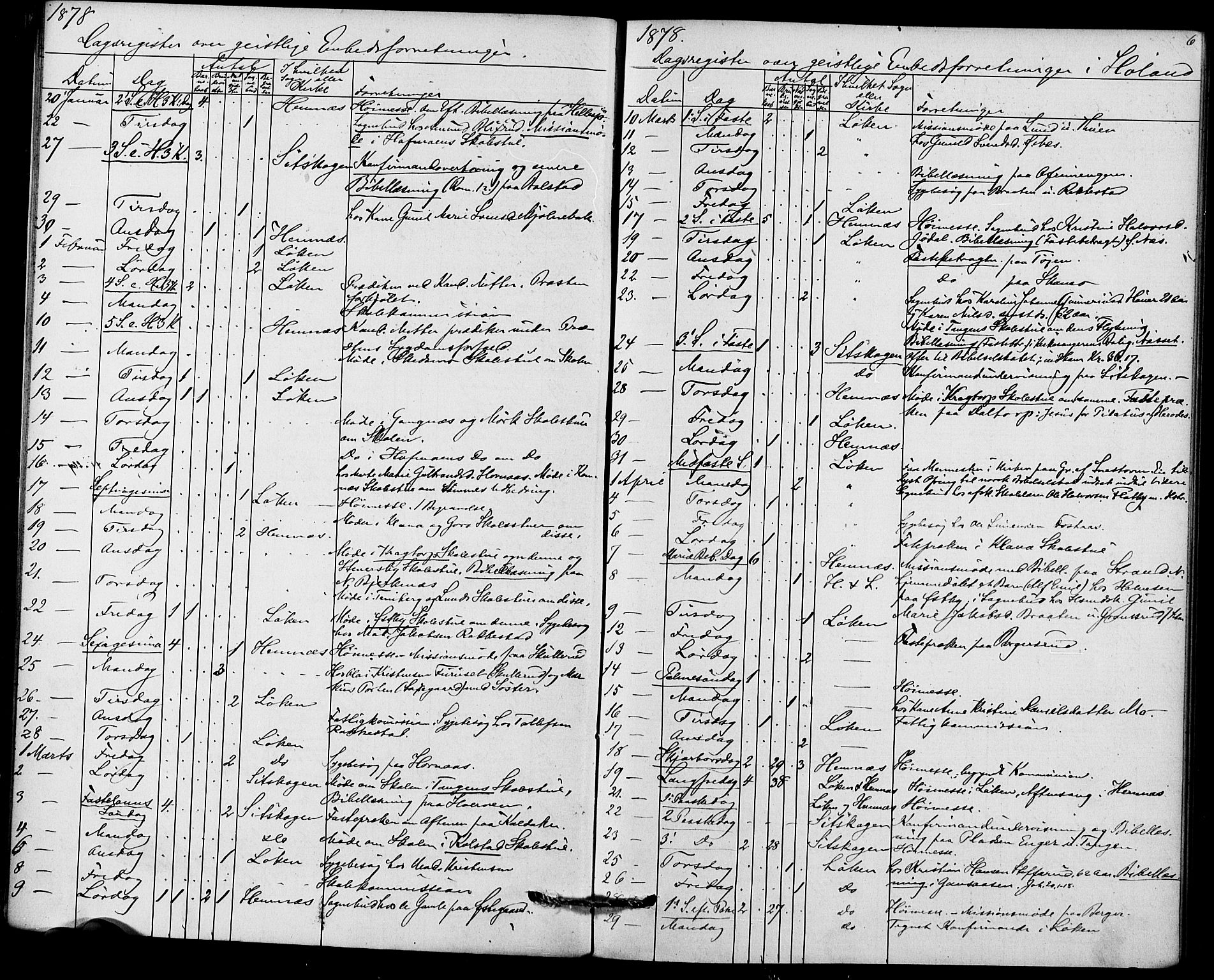 Høland prestekontor Kirkebøker, AV/SAO-A-10346a/I/Ia/L0001: Dagsregister nr. I 1, 1877-1886, s. 6