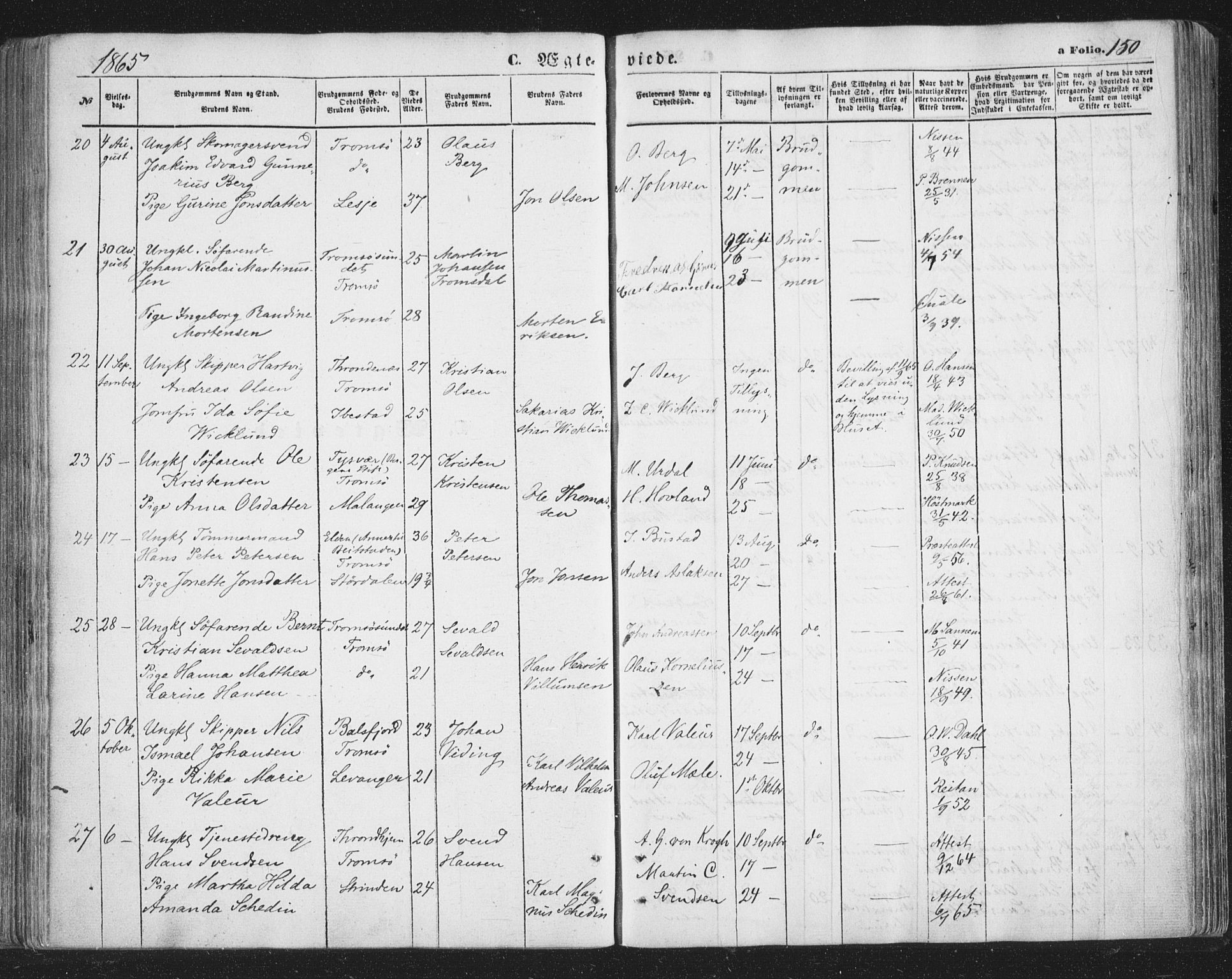 Tromsø sokneprestkontor/stiftsprosti/domprosti, AV/SATØ-S-1343/G/Ga/L0012kirke: Ministerialbok nr. 12, 1865-1871, s. 150