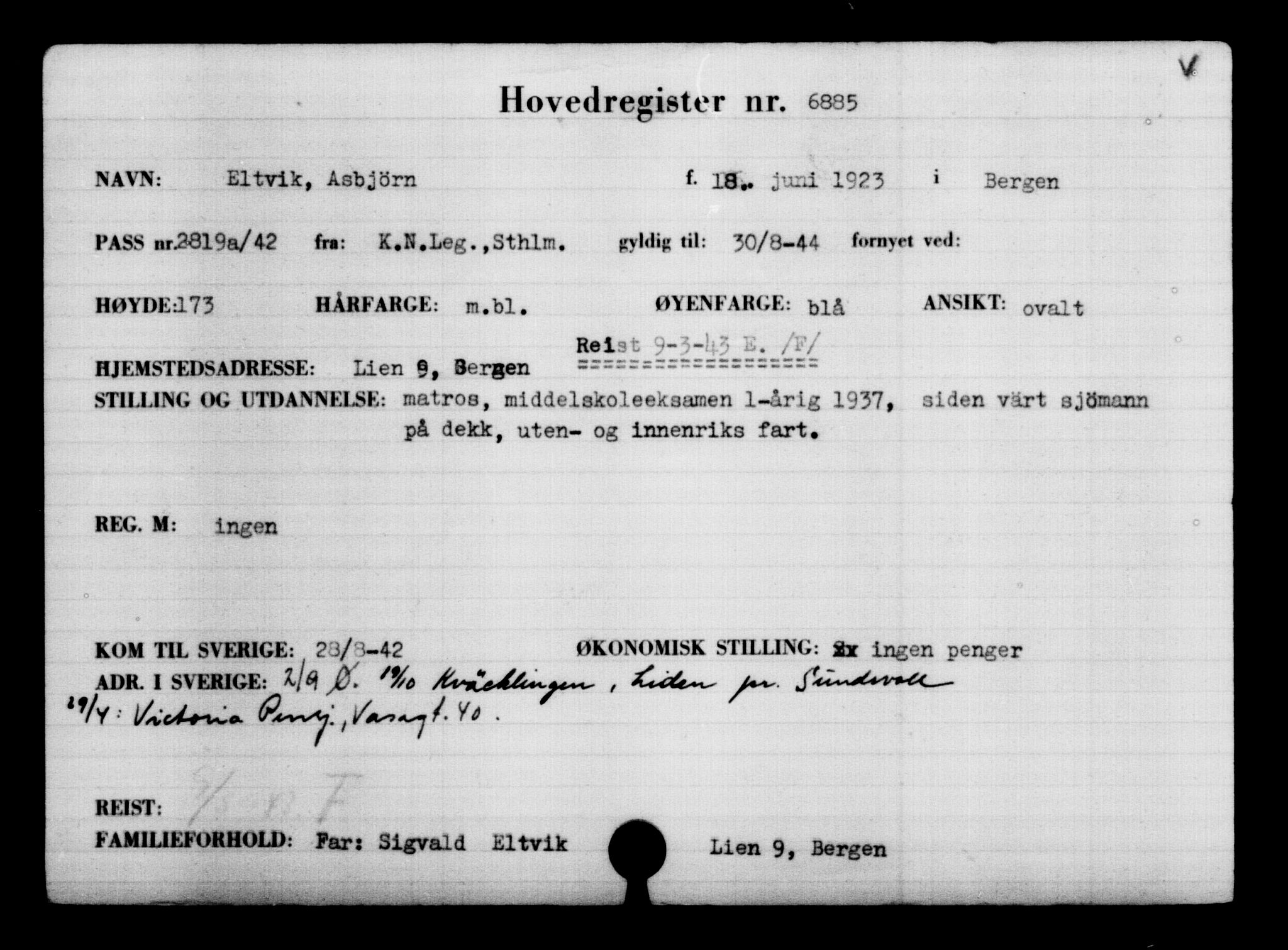 Utenriksstasjonene, Legasjonen i Stockholm, Flyktningkontoret, AV/RA-S-6753/V/Va/L0005: Kjesäterkartoteket, flyktninger med registreringsnr. 6600-9417, 1940-1945, s. 347